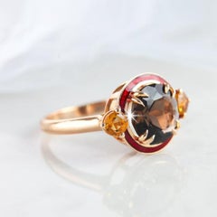 Smoky Topaz and Citrine Red Enameled Art Deco Haute Couture Design Ring