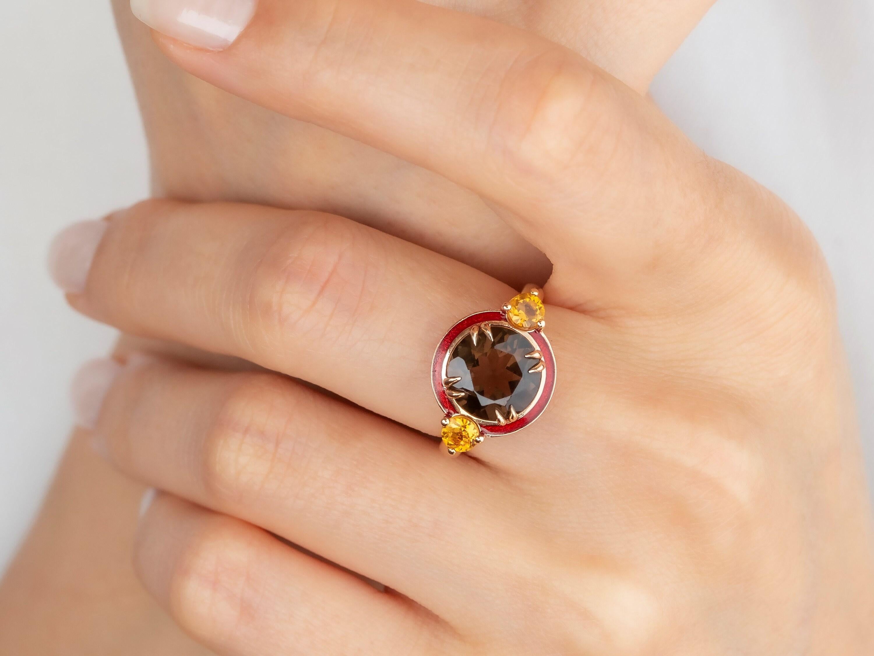 Smoky Topaz And Citrine Red Enameled Art Deco Haute Couture Design Ring
Gold metal: 14k Rose Gold
Gemstone Shape: Round Cut
Main Stone: 3.8 Carats
Side Stones: 0.22 Carats
Total Carat Weight: 4.02 Carats
Color: Brown
Clarity: Clean
Comments: Artdeco