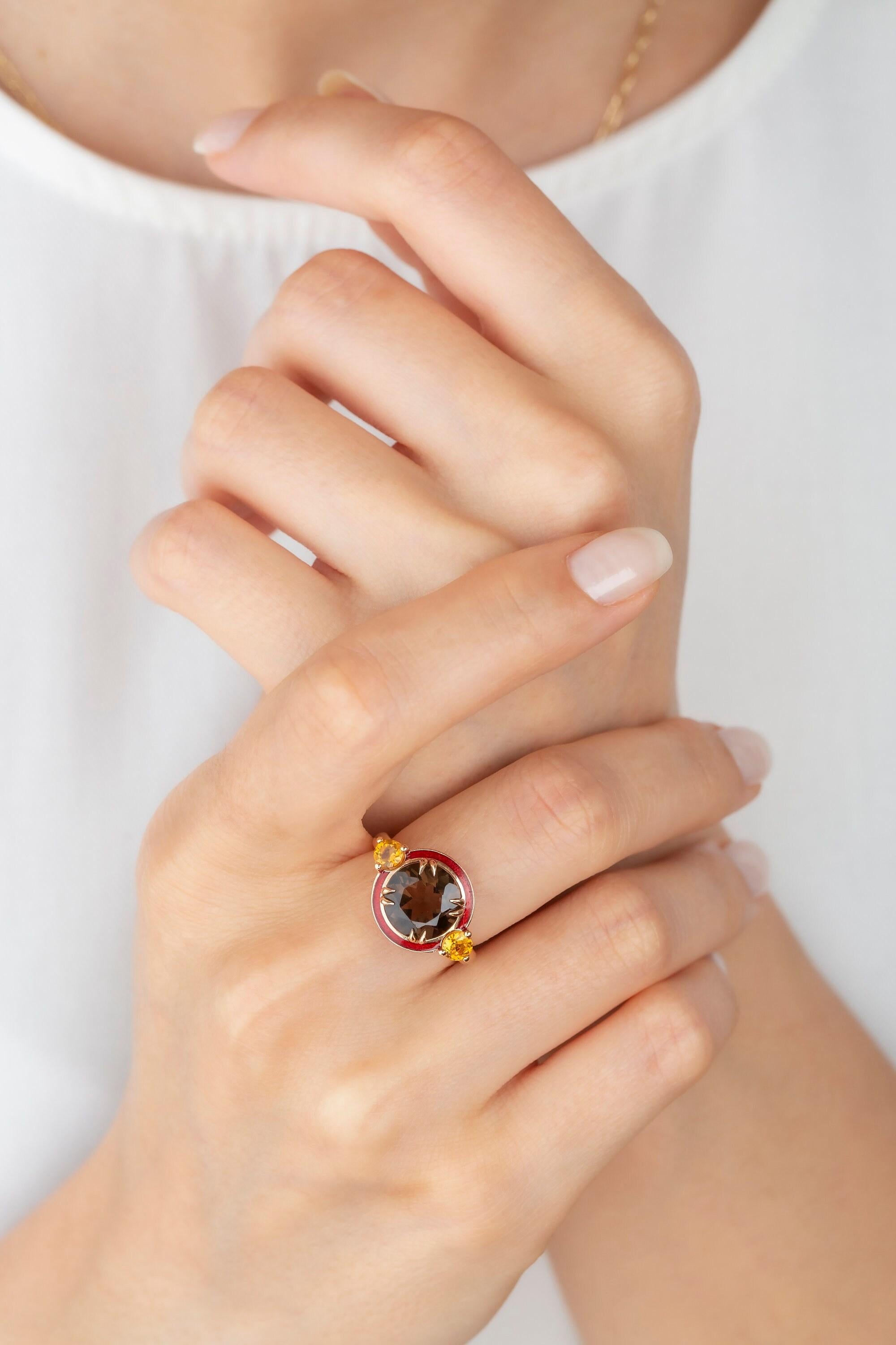 Rough Cut Smoky Topaz and Citrine Red Enameled Art Deco Haute Couture Design Ring For Sale