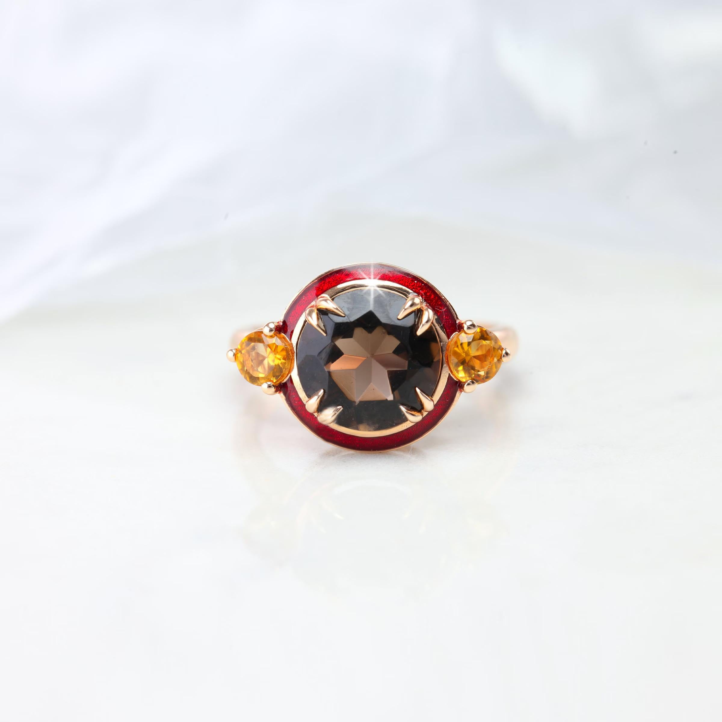 Smoky Topaz and Citrine Red Enameled Art Deco Haute Couture Design Ring In New Condition For Sale In ISTANBUL, TR
