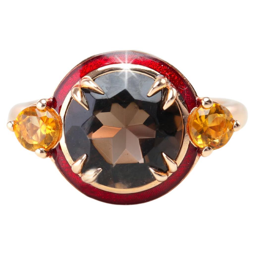 Smoky Topaz and Citrine Red Enameled Art Deco Haute Couture Design Ring For Sale