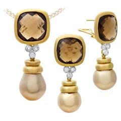 Smoky Topaz, Baroque Pearl and Diamond Earrings and Pendant Set