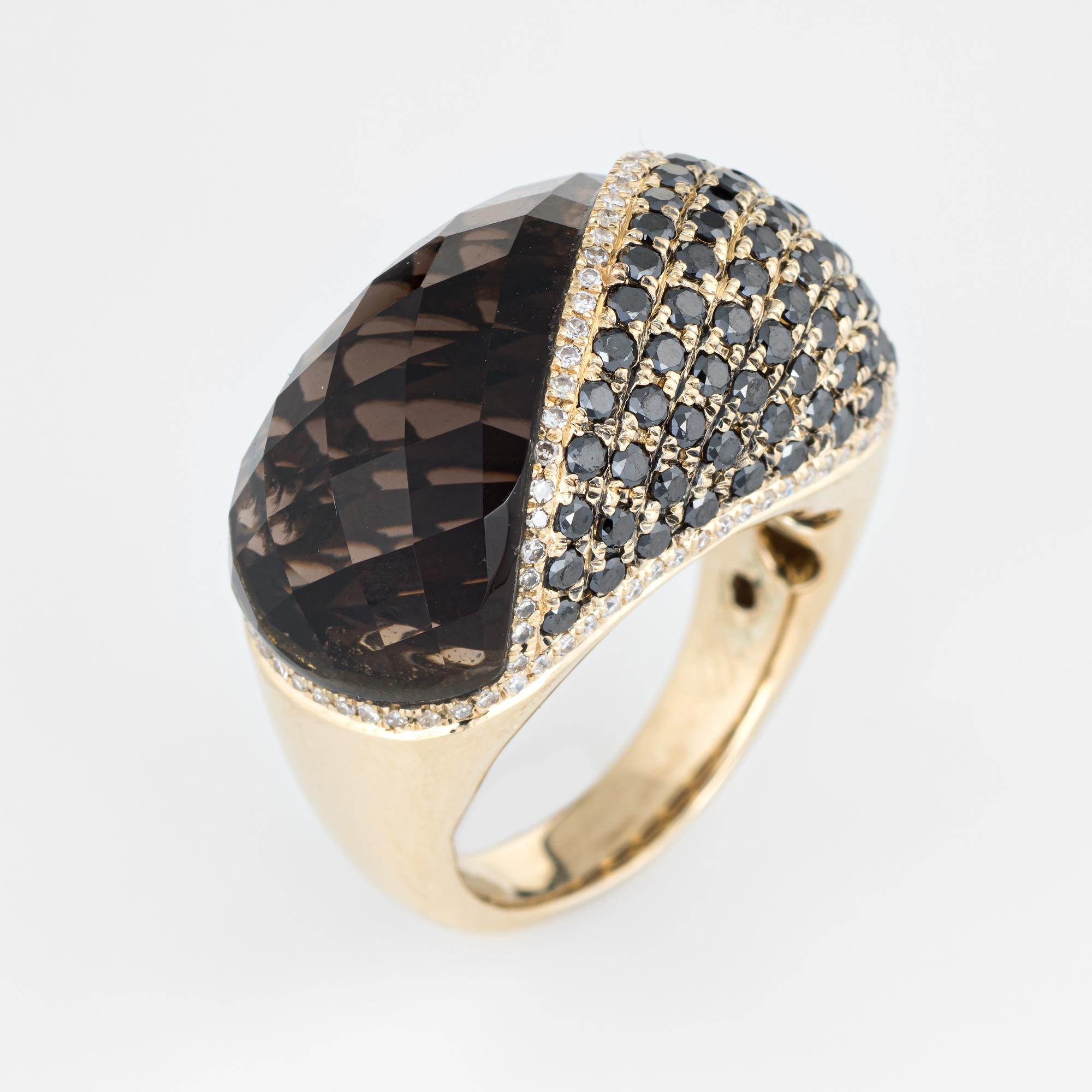 Stylish smoky quartz & diamond domed cocktail ring crafted in 14 karat yellow gold. 

Black diamonds total an estimated 0.72 carats, accented with 0.51 carats of white diamonds (estimated at I-J color and SI1-I1 clarity). The checkerboard faceted