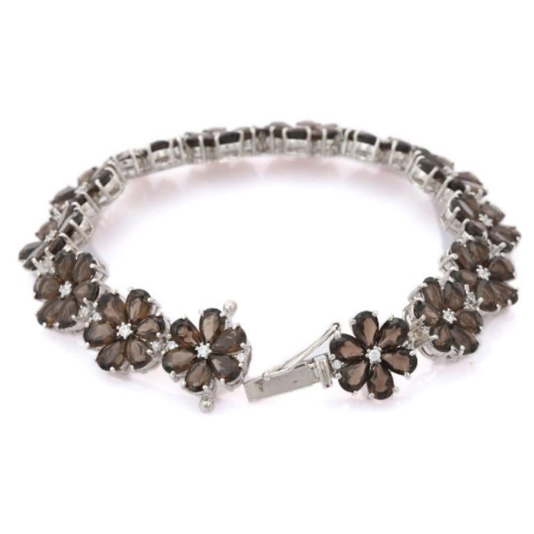 Smoky Topaz Flower Charm Bracelet for Engagement in Sterling Silver In New Condition For Sale In Houston, TX