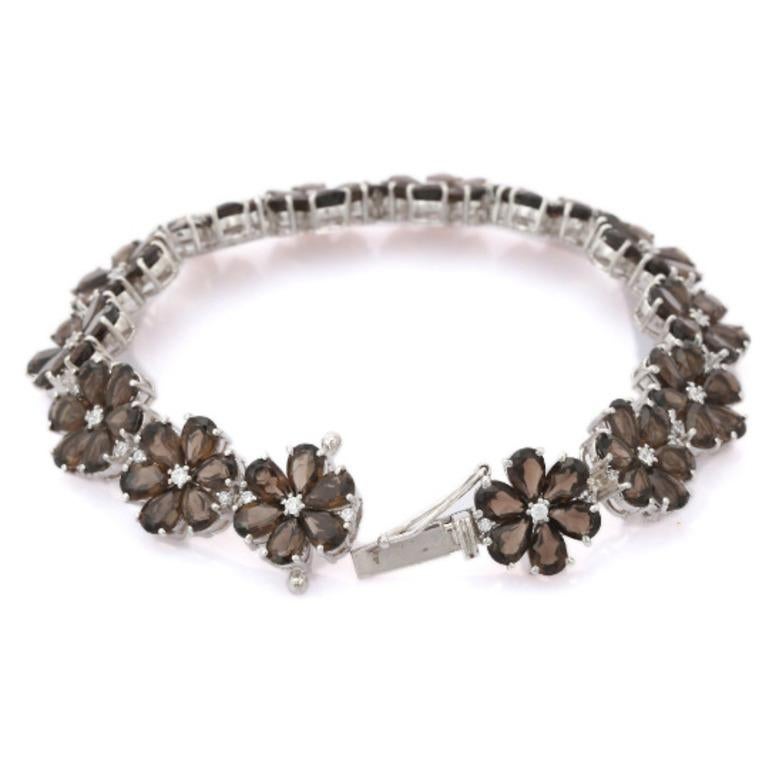 Smoky Topaz Flower Charm Bracelet for Engagement in Sterling Silver In New Condition For Sale In New York, NY
