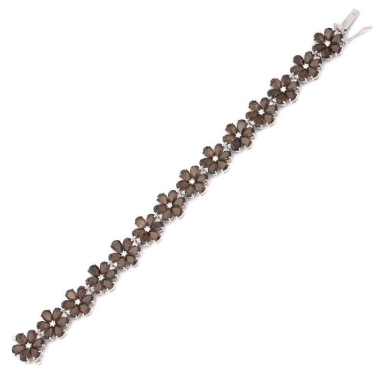Women's Smoky Topaz Flower Charm Bracelet for Engagement in Sterling Silver
