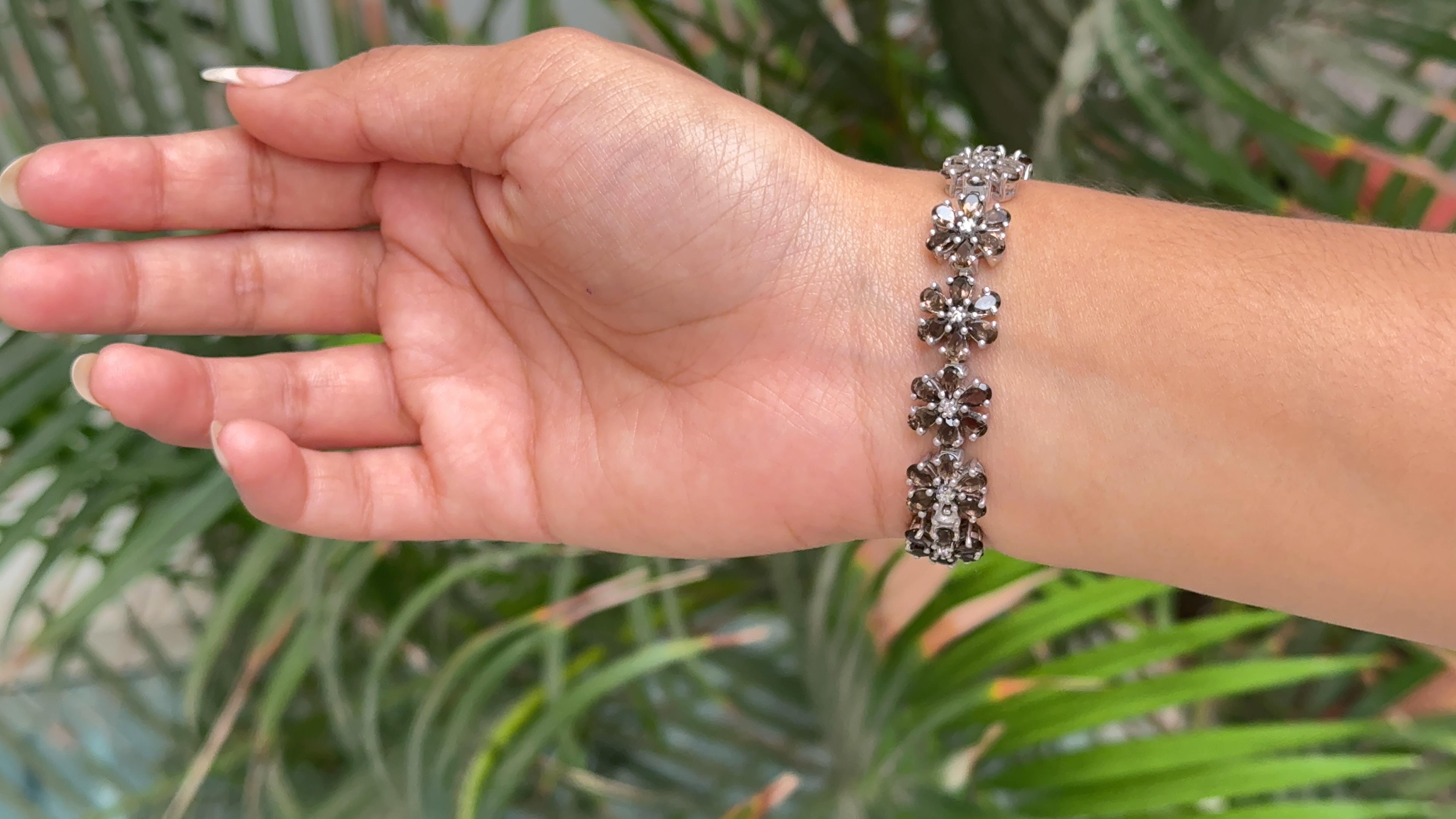Women's Smoky Topaz Flower Charm Bracelet for Engagement in Sterling Silver For Sale