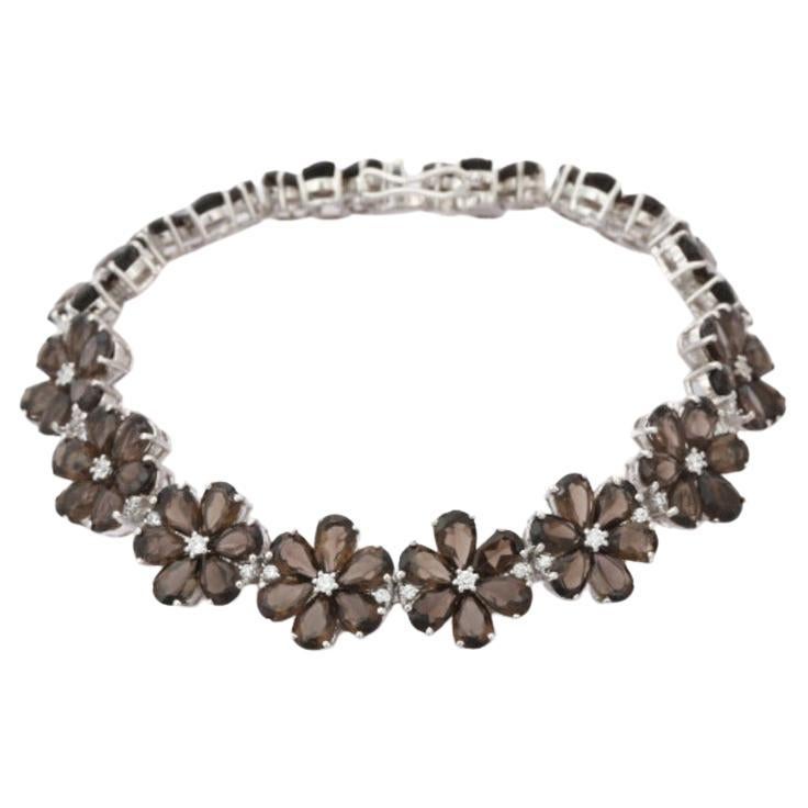 Smoky Topaz Flower Charm Bracelet for Engagement in Sterling Silver For Sale