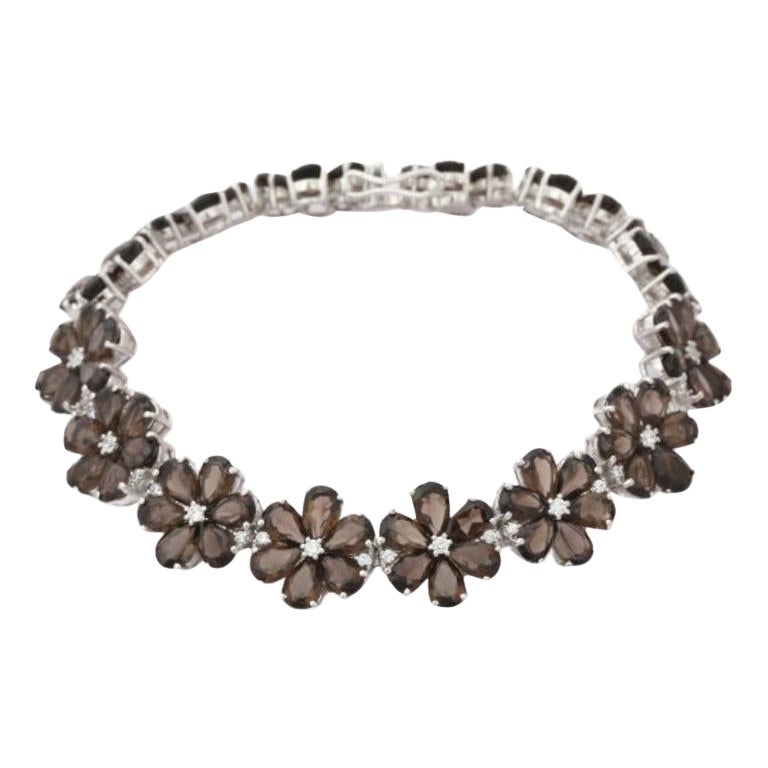 Smoky Topaz Flower Charm Bracelet for Engagement in Sterling Silver