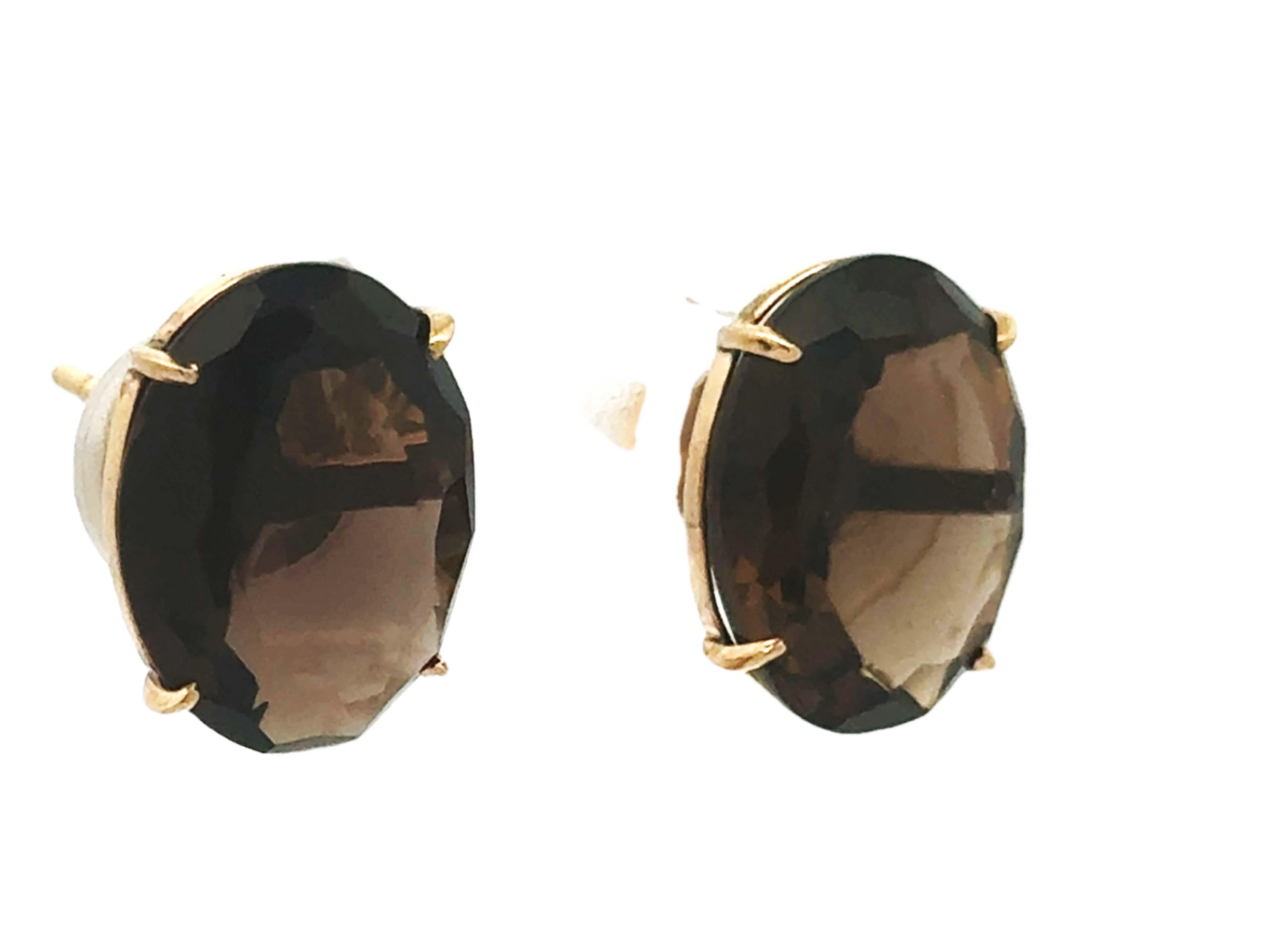 Modern Smoky Topaz Oval Stud Earrings 14k Yellow Gold For Sale