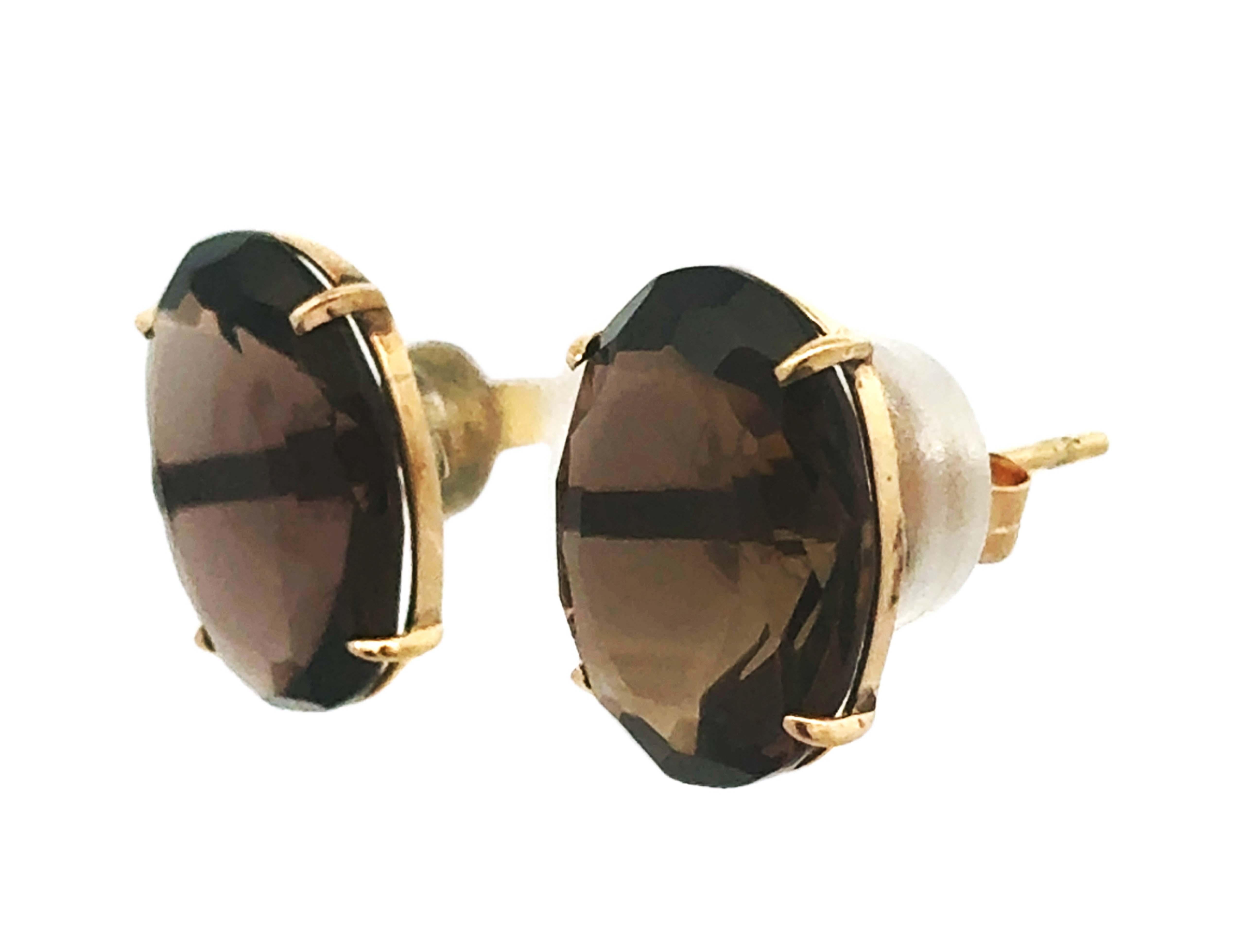 Oval Cut Smoky Topaz Oval Stud Earrings 14k Yellow Gold For Sale