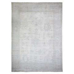 Alfombra de Lana Blanca Ahumada Anudada a Mano Angora Afgana Oushak Sobredimensionada 12' x 15'10