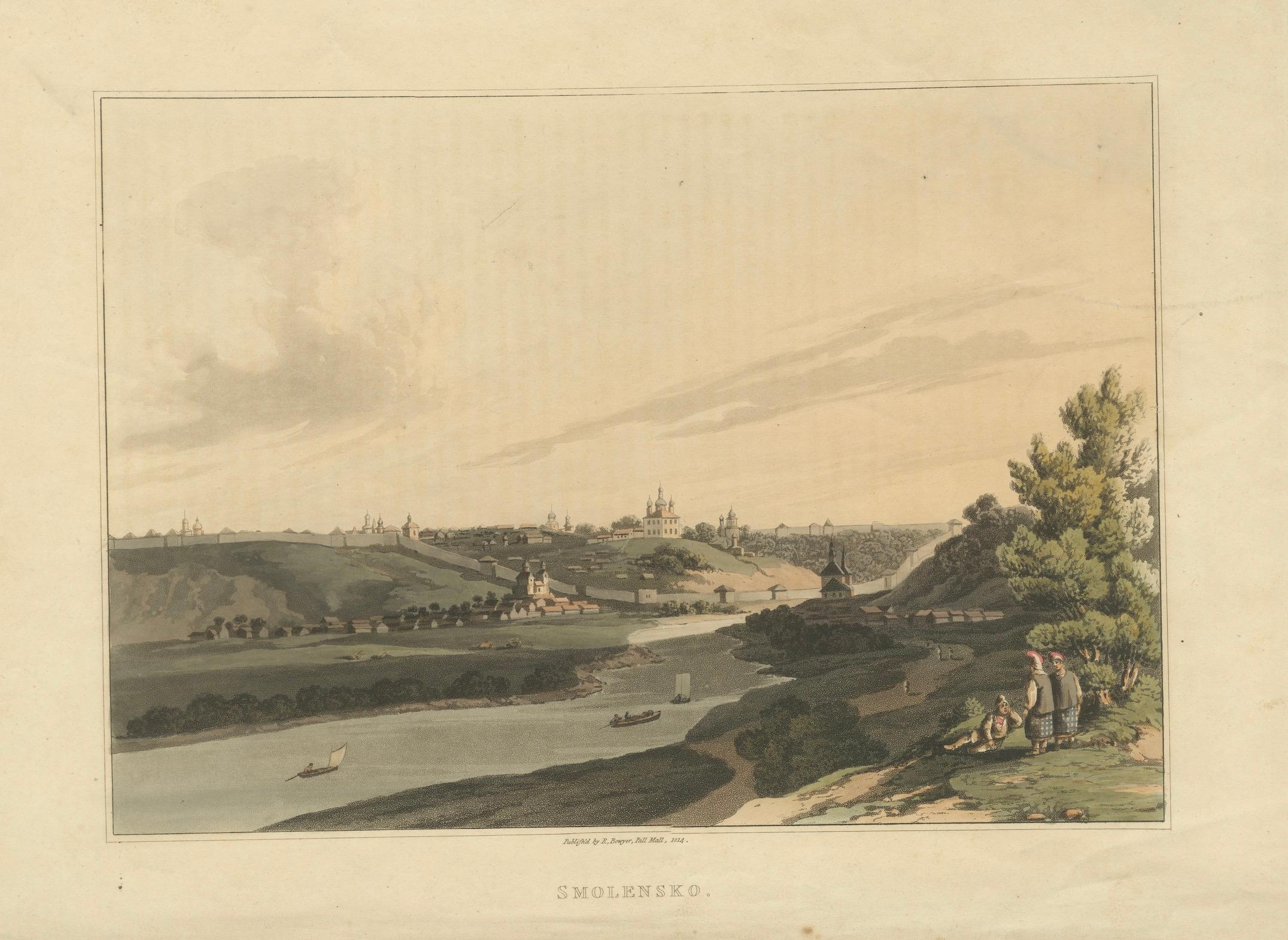 Smolensk City View – Hand-Coloured Aquatint by R. Bowyer, Pall Mall, 1814

This finely executed hand-coloured aquatint presents a panoramic view of Smolensk, a historic city in western Russia, published by Rudolph Ackermann’s contemporary and fellow
