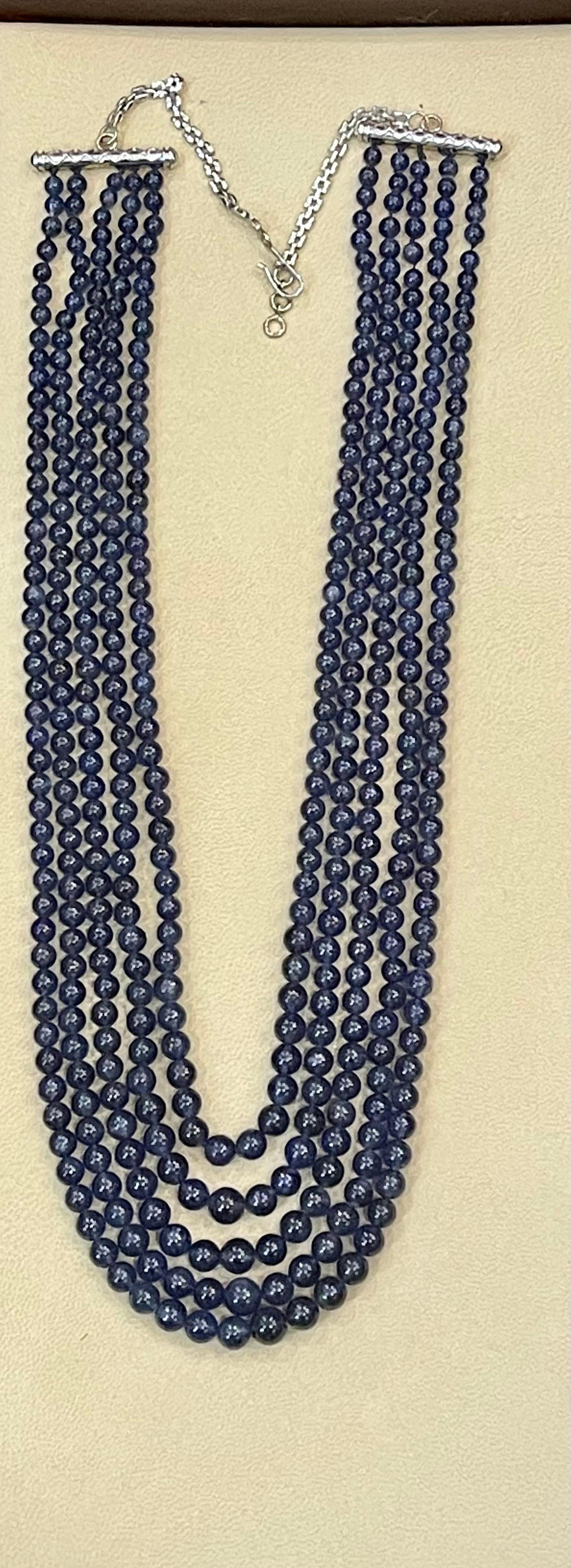 Smooth 800 Carat Natural Tanzanite Bead Five Strand Necklace 14 Karat White Gold In Excellent Condition For Sale In New York, NY