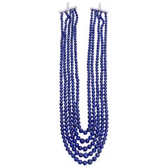 Smooth 800 Carat Natural Tanzanite Bead Five Strand Necklace 14 Karat White Gold