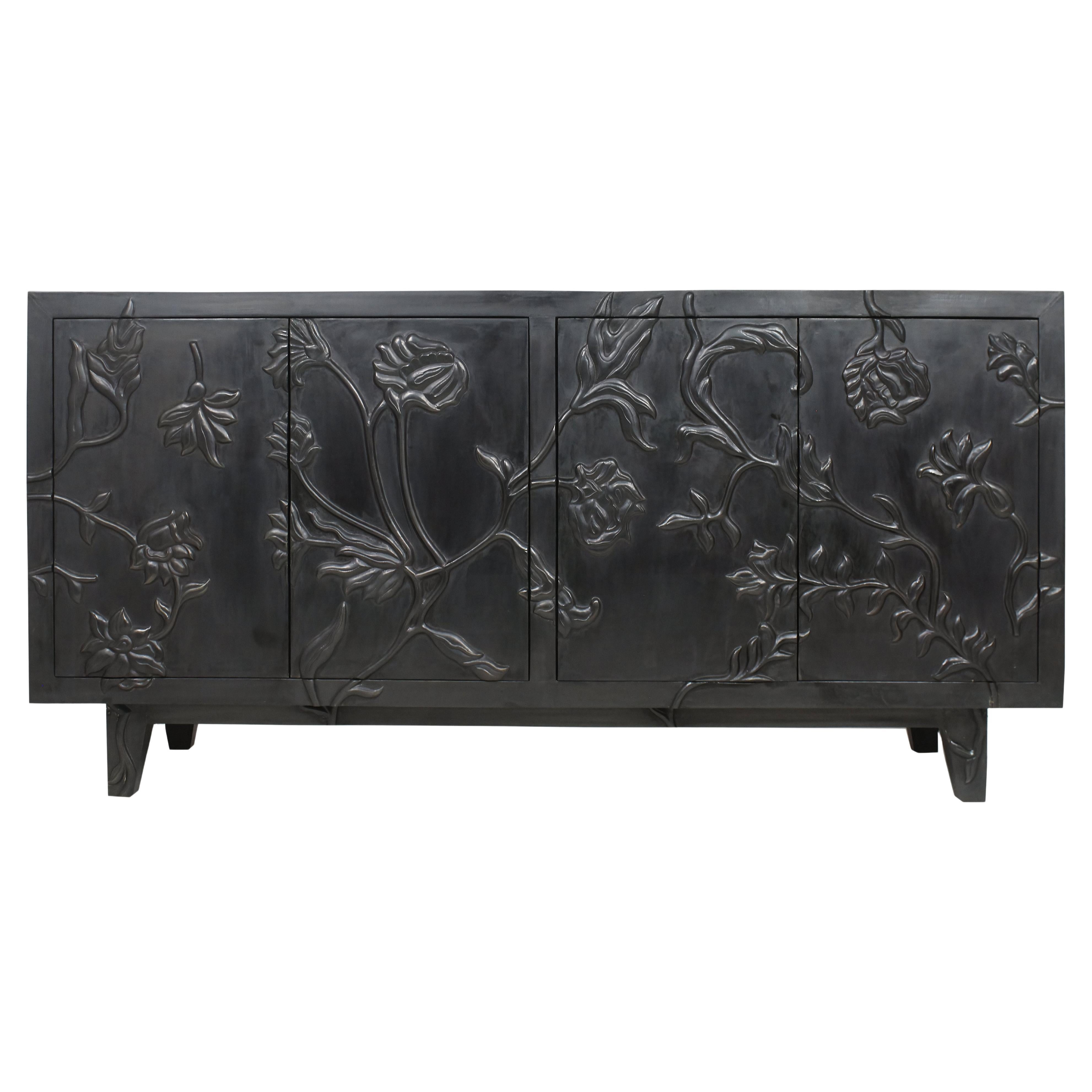 Smooth Antq. White Bronze Floral Credenza – Carved Metal Cabinet, Handmade