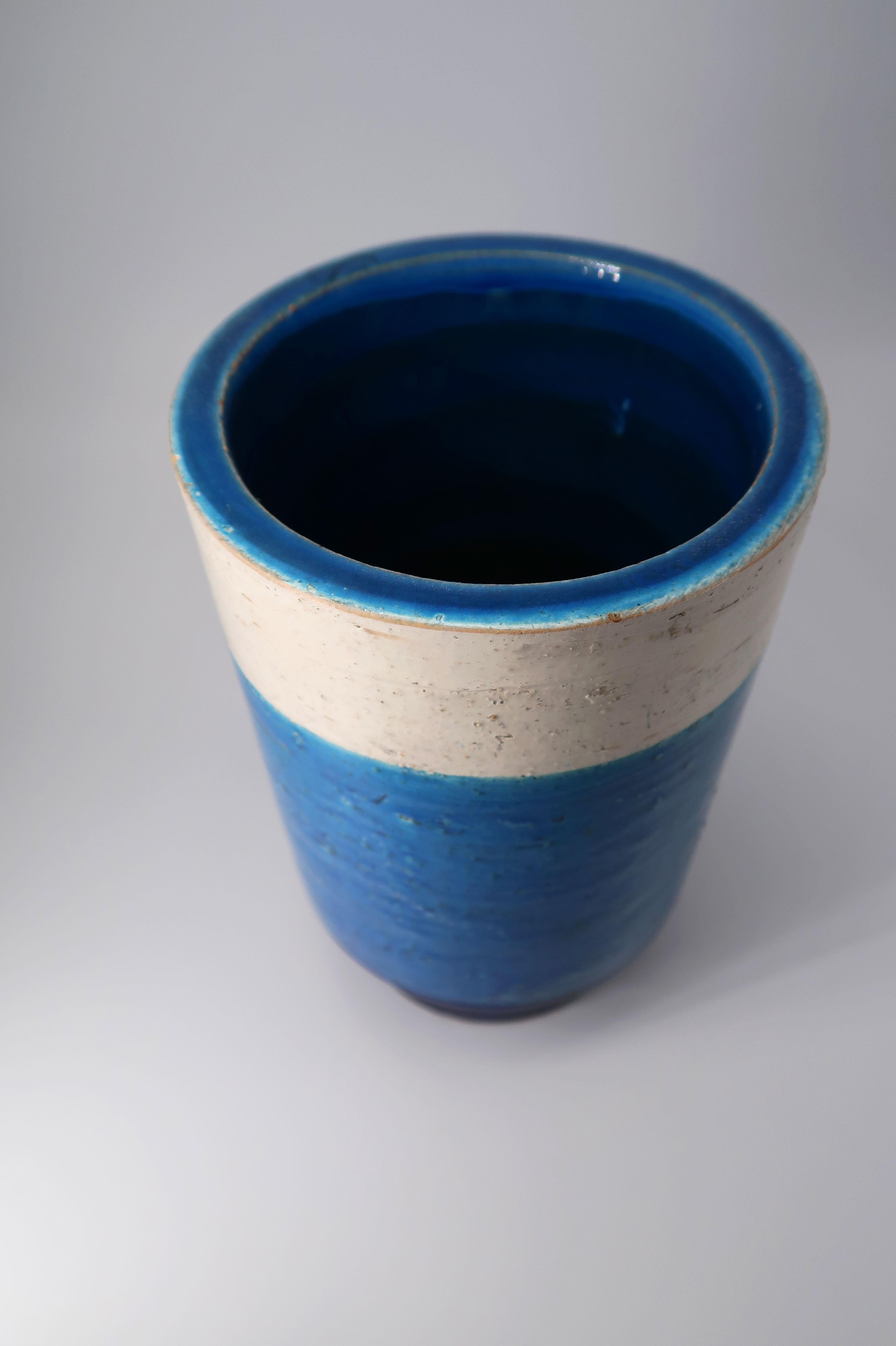 Glazed Smooth Bitossi Blue, White Italian Modern Ceramic Vase, 1960s