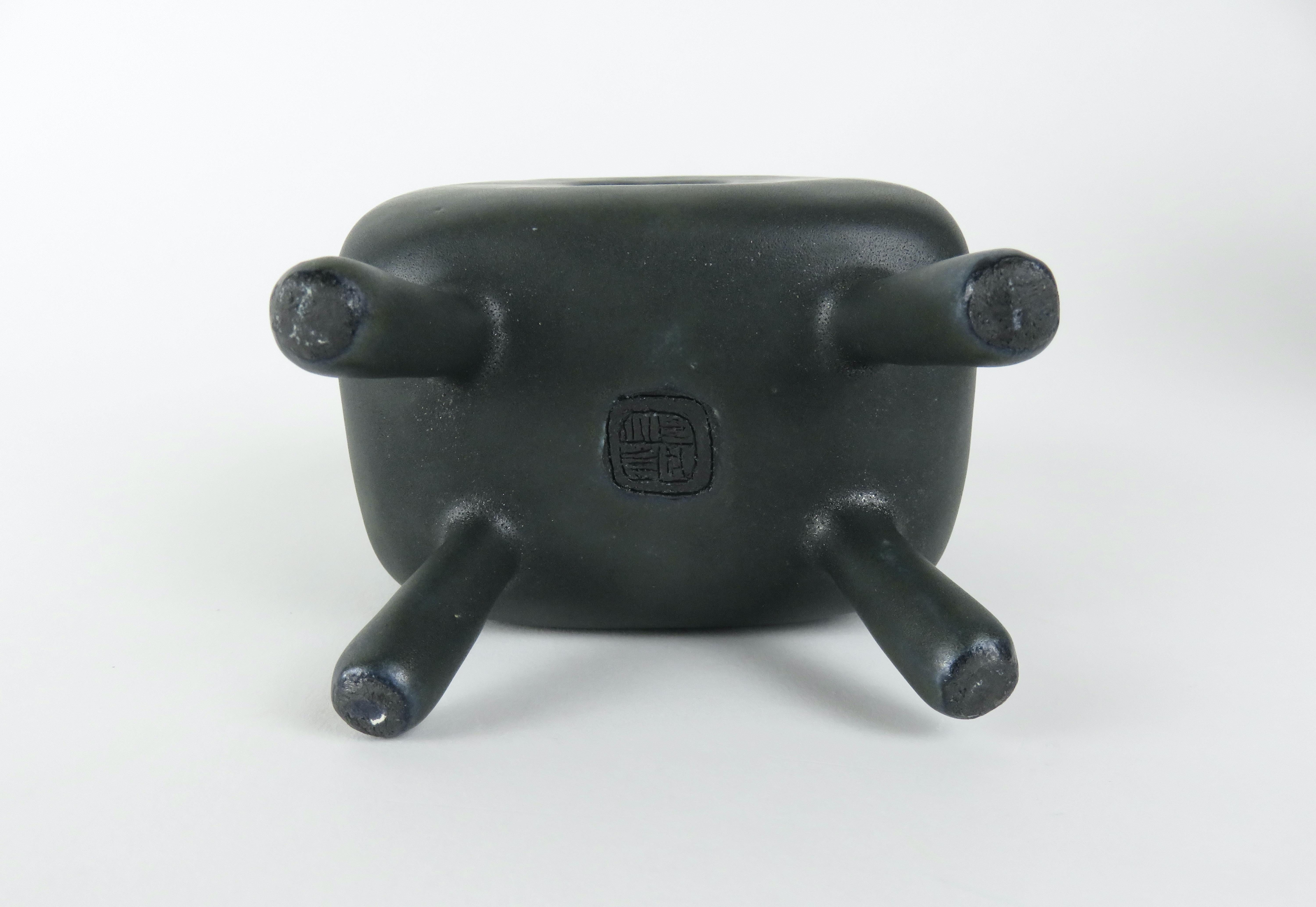 Smooth Black Glazed Ceramic Cube with Square Center Opening, 4 Legs, Handbuilt 3