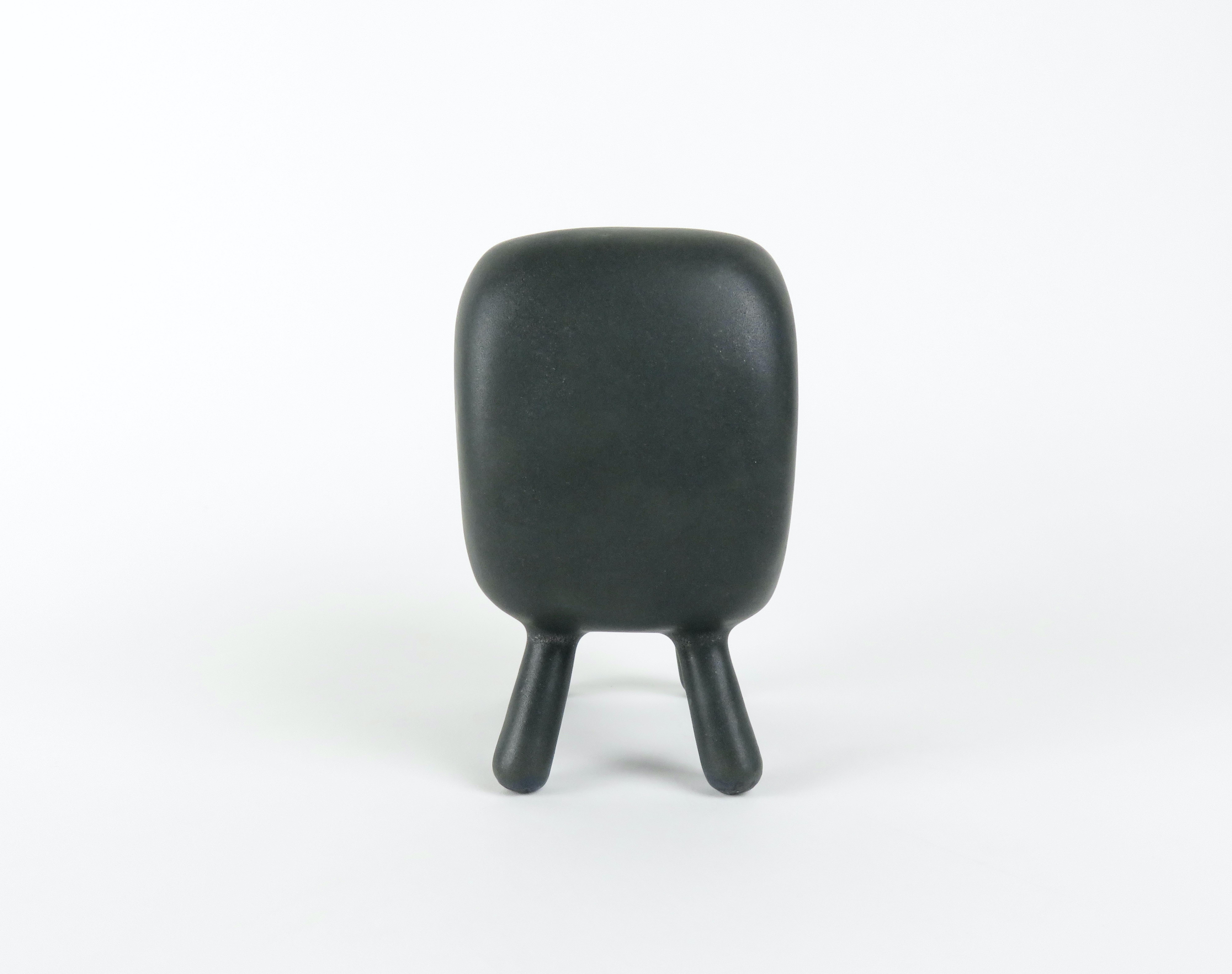 Organic Modern Smooth Black Glazed Ceramic Cube with Square Center Opening, 4 Legs, Handbuilt