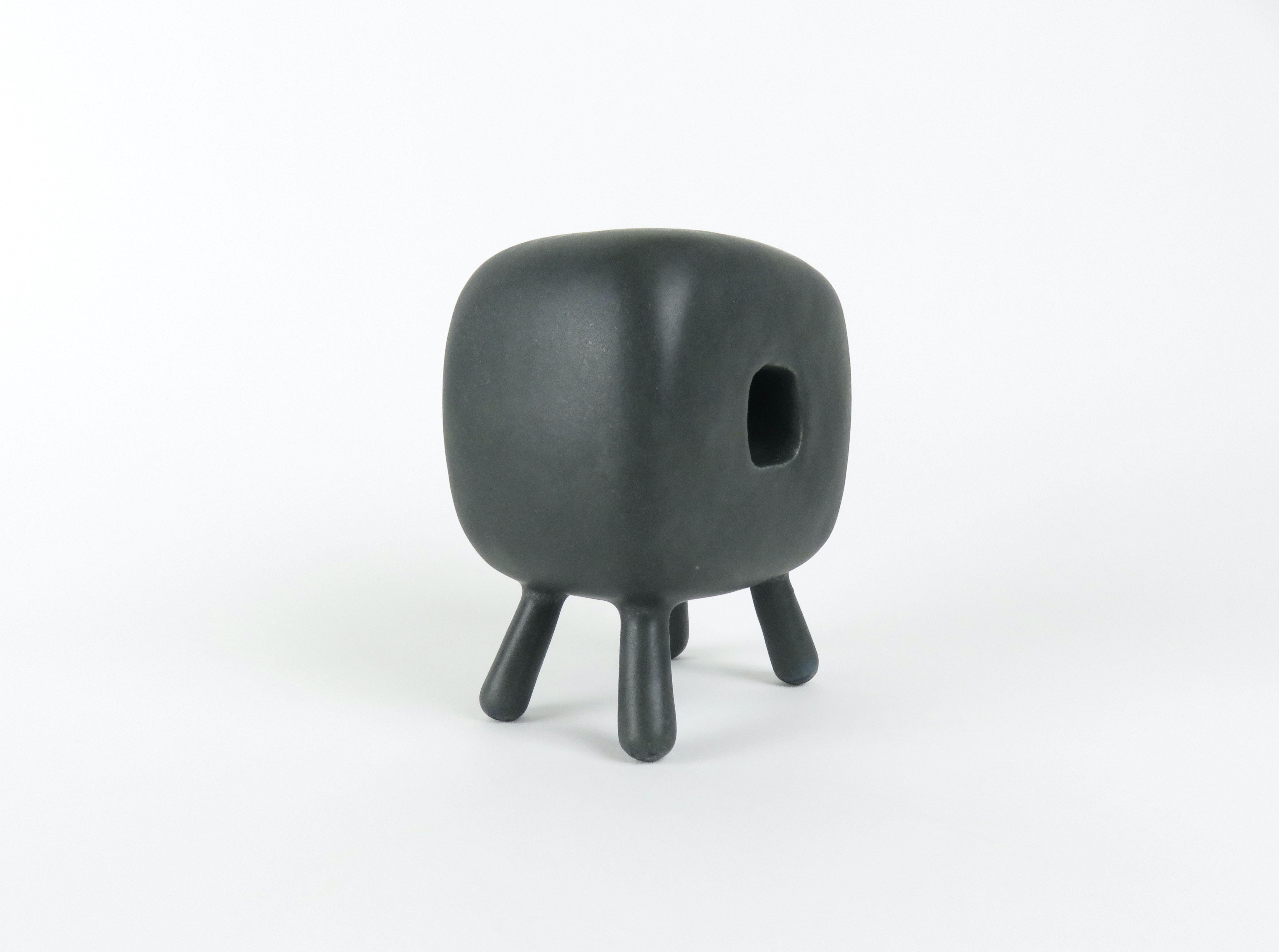 American Smooth Black Glazed Ceramic Cube with Square Center Opening, 4 Legs, Handbuilt