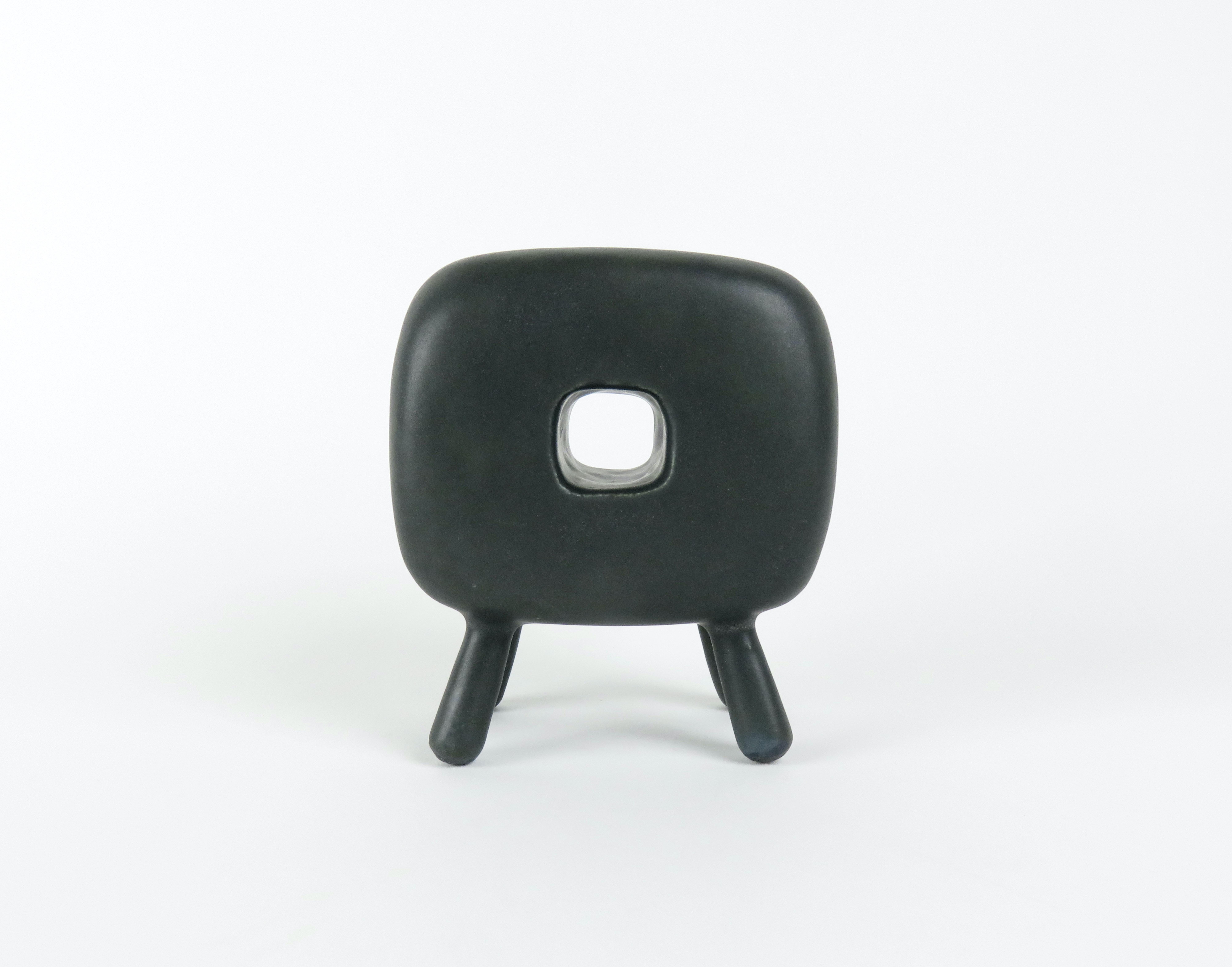 Hand-Crafted Smooth Black Glazed Ceramic Cube with Square Center Opening, 4 Legs, Handbuilt