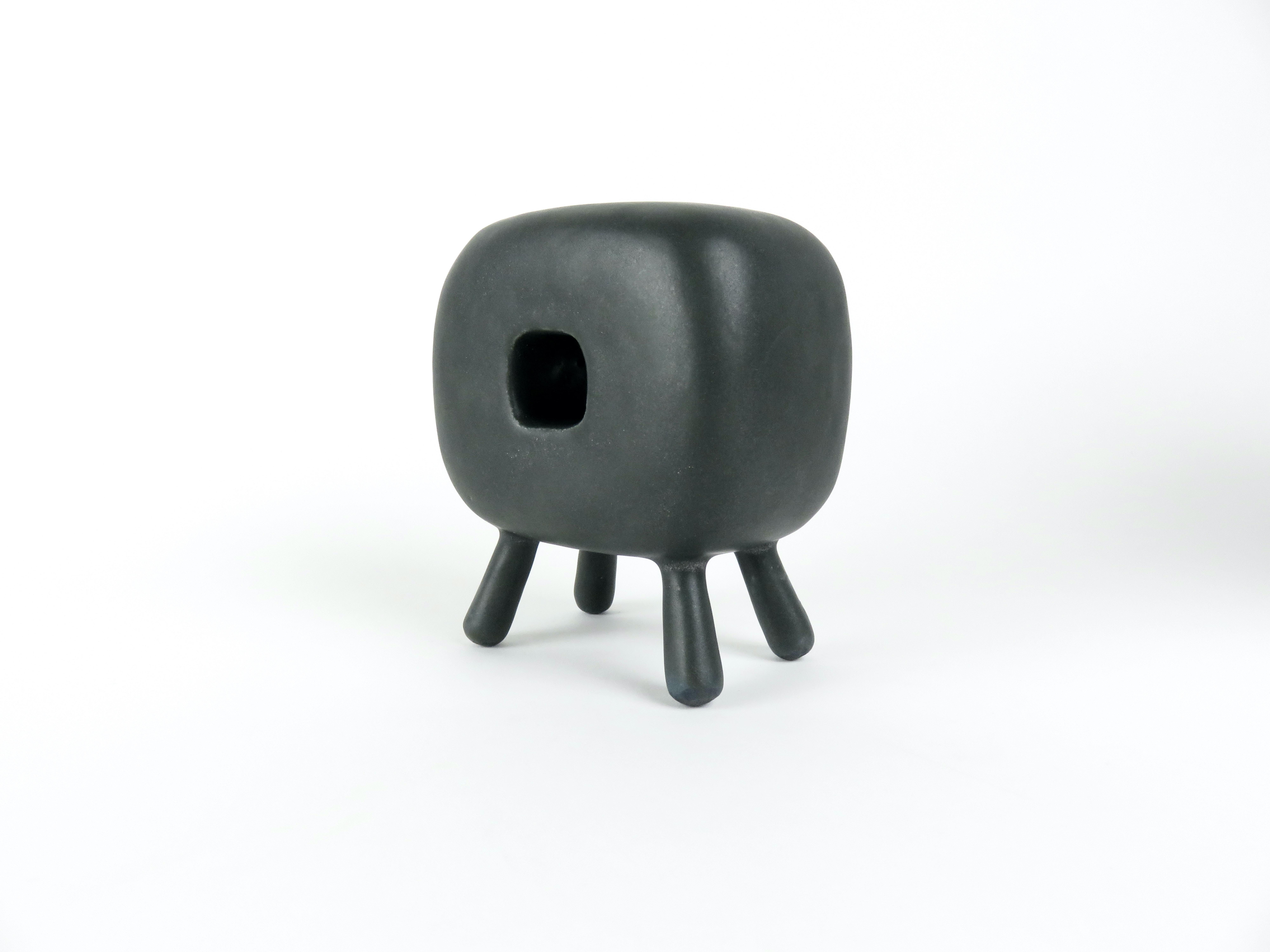 Smooth Black Glazed Ceramic Cube with Square Center Opening, 4 Legs, Handbuilt In New Condition In New York, NY