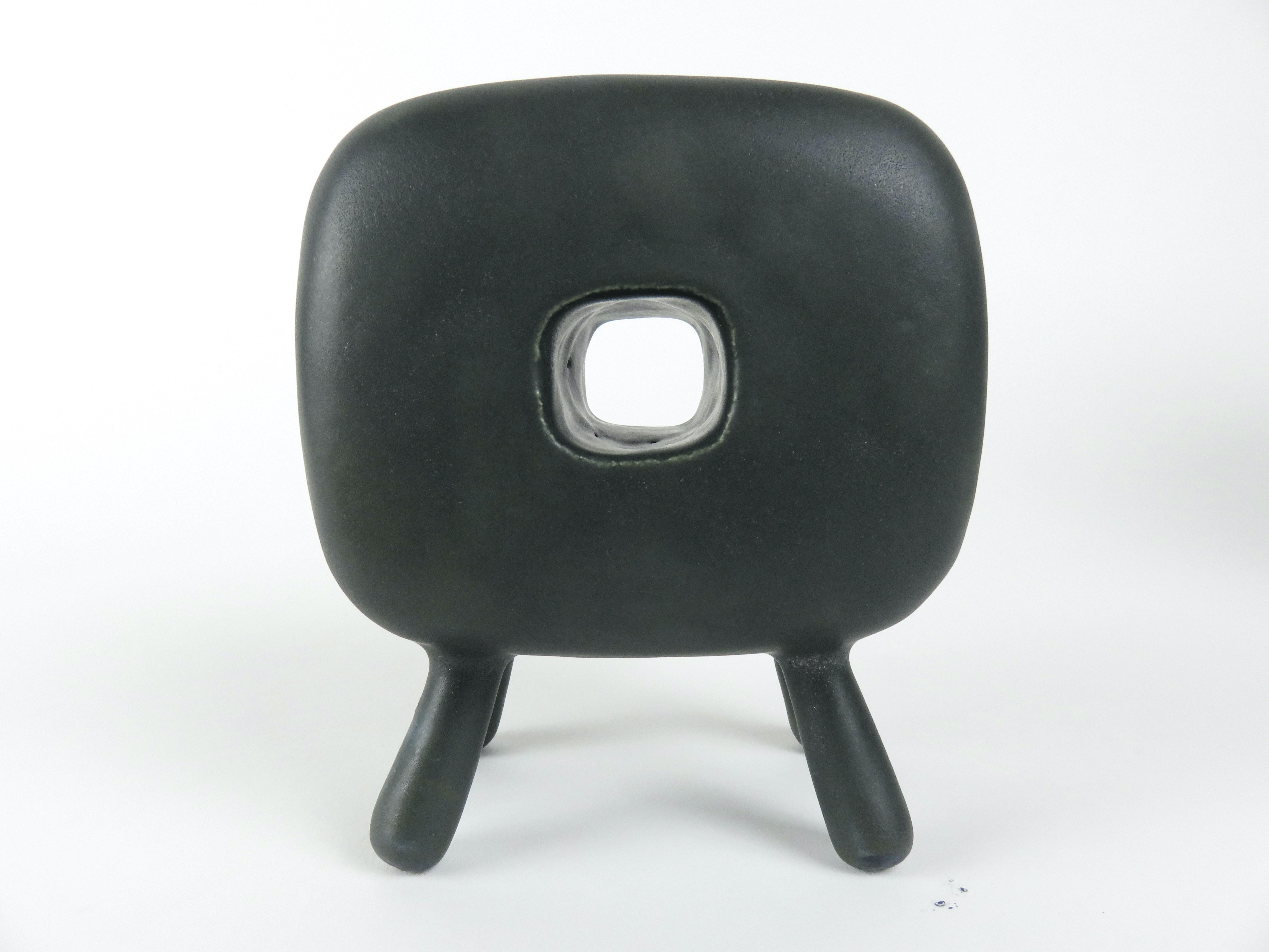 Contemporary Smooth Black Glazed Ceramic Cube with Square Center Opening, 4 Legs, Handbuilt