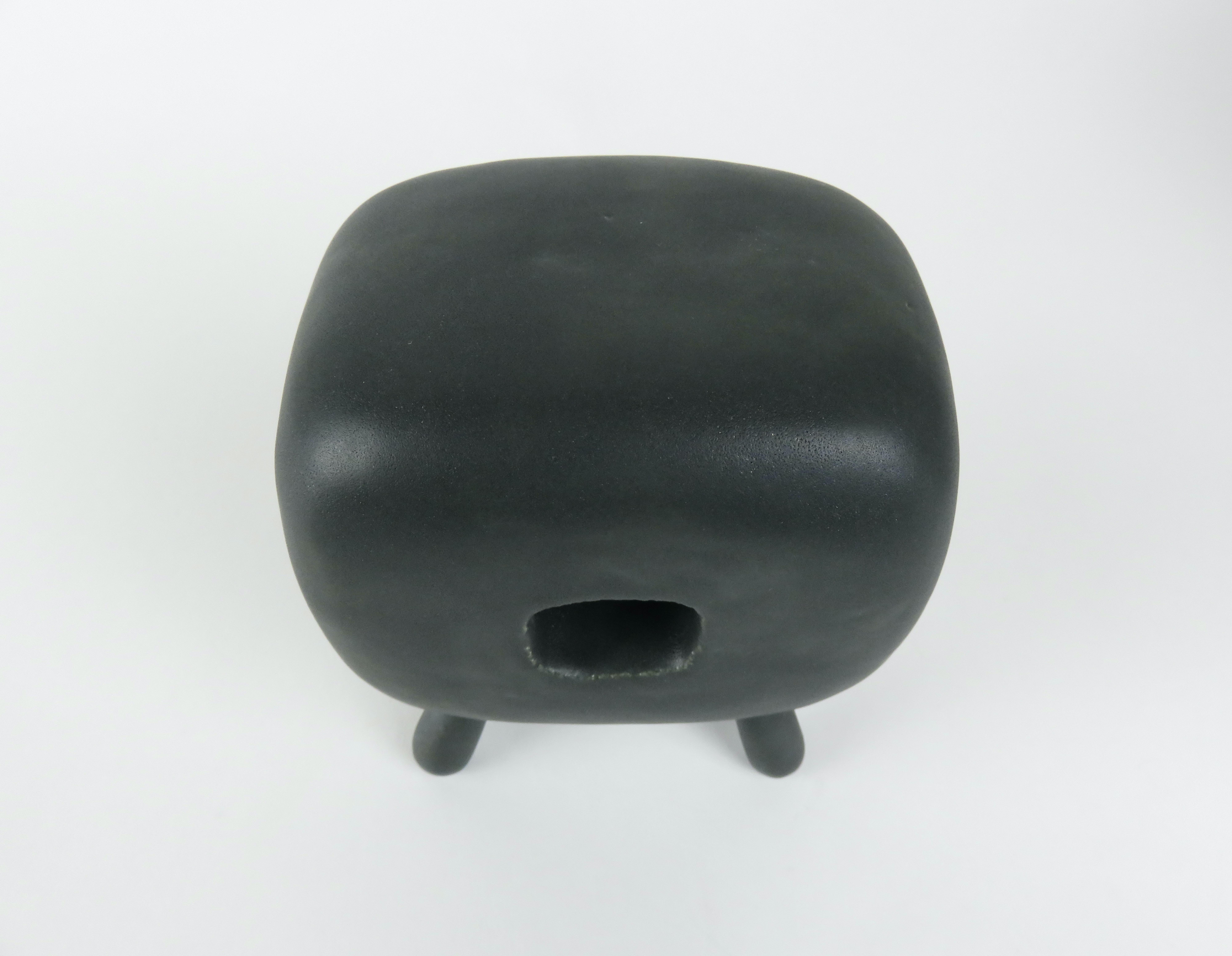 Smooth Black Glazed Ceramic Cube with Square Center Opening, 4 Legs, Handbuilt 1