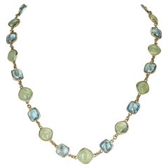 Smooth Blue Topaz and Green Prehnite Double Cabochon 18K Yellow Gold Necklace