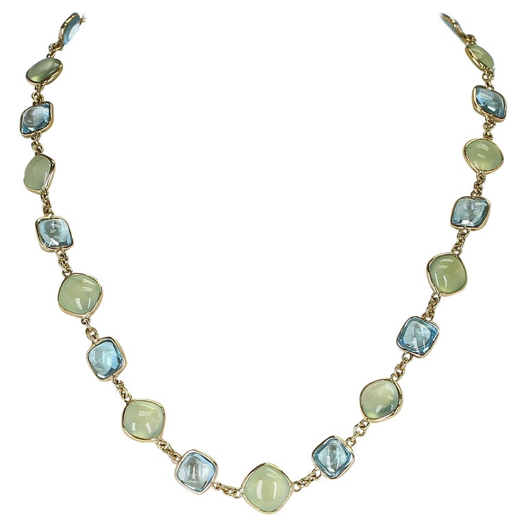 Smooth Blue Topaz and Green Prehnite Double Cabochon 18K Yellow Gold Necklace For Sale