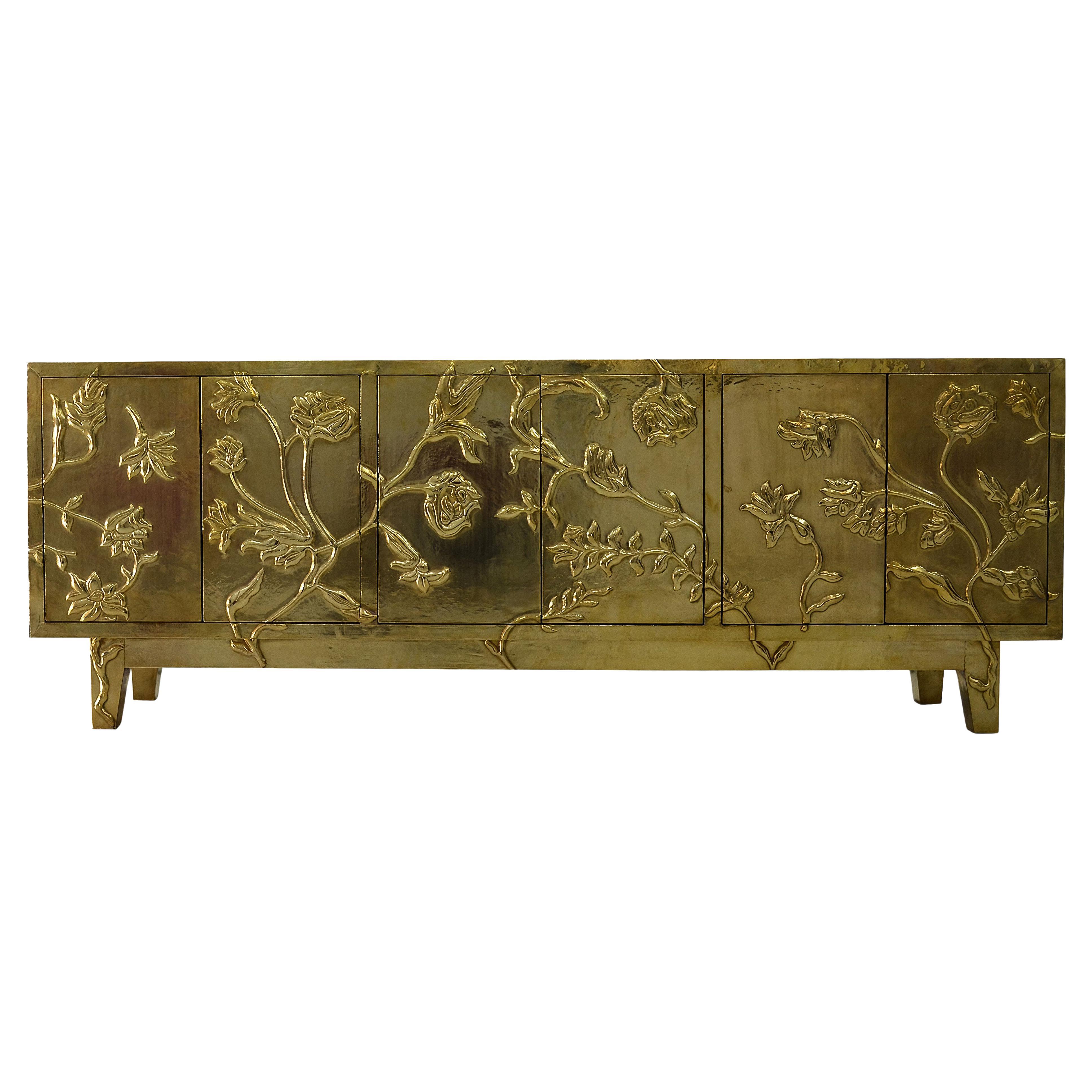 Smooth Brass Organic Floral Sideboard – Hand Carved Metal Clad Credenza