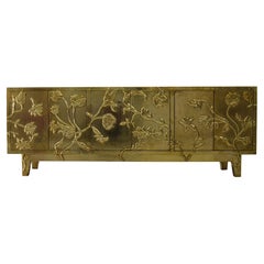 Smooth Brass Organic Floral Sideboard – Hand Carved Metal Clad Credenza
