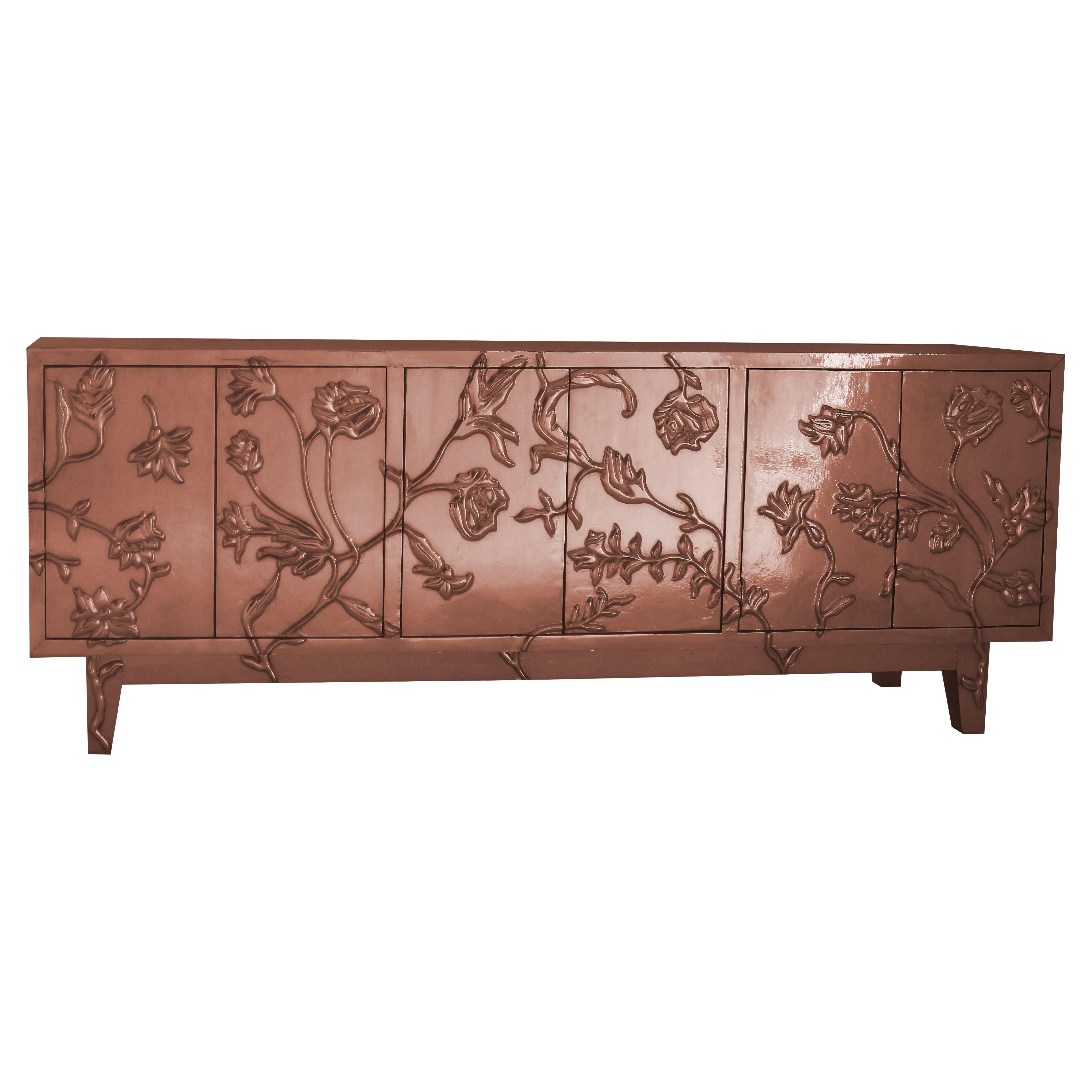 Smooth Copper Sculptural Floral Buffet – Metal Clad Sideboard Credenza
