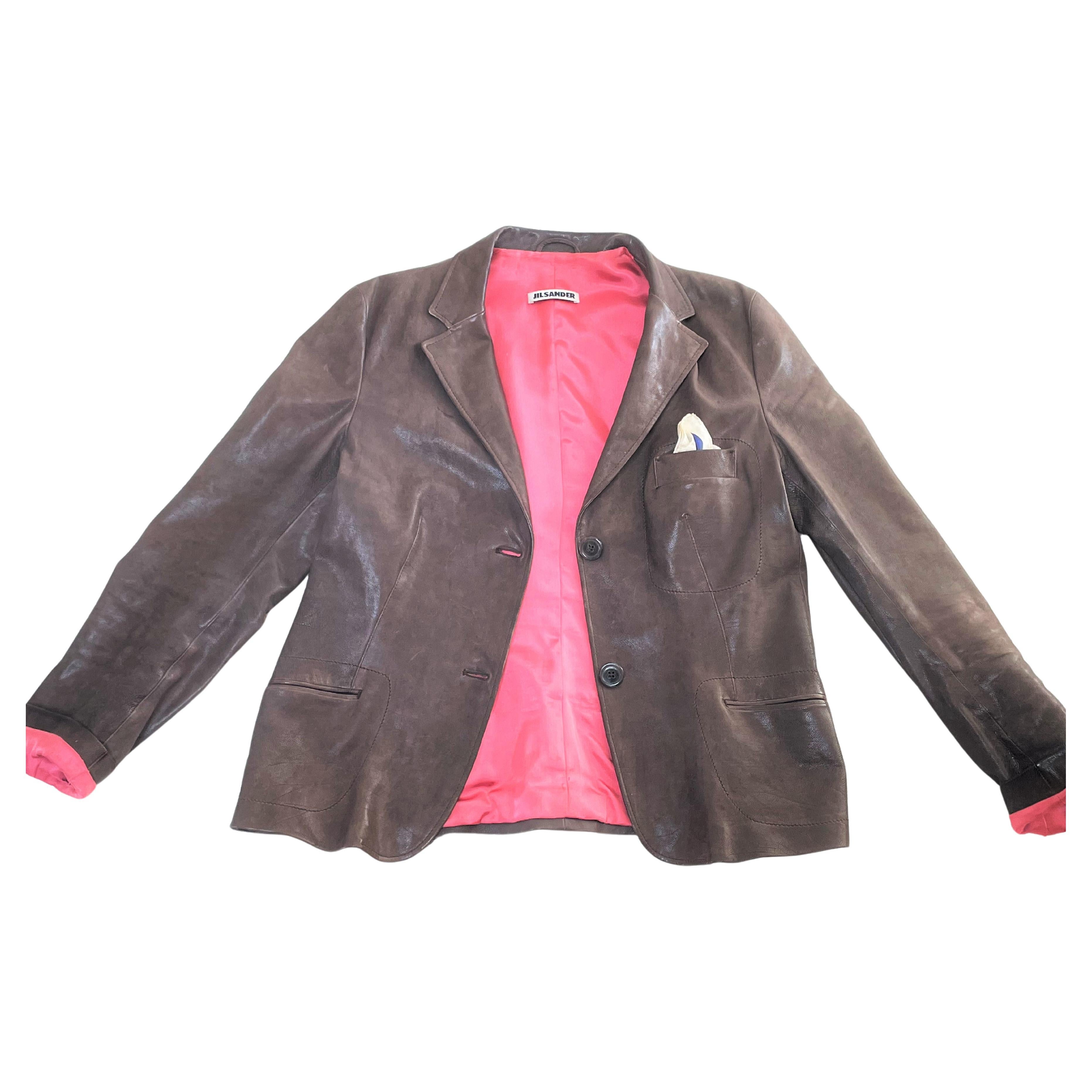 Gray  Smooth Leather Blazer by Jil Sander brown, pink lining size 44 For Sale