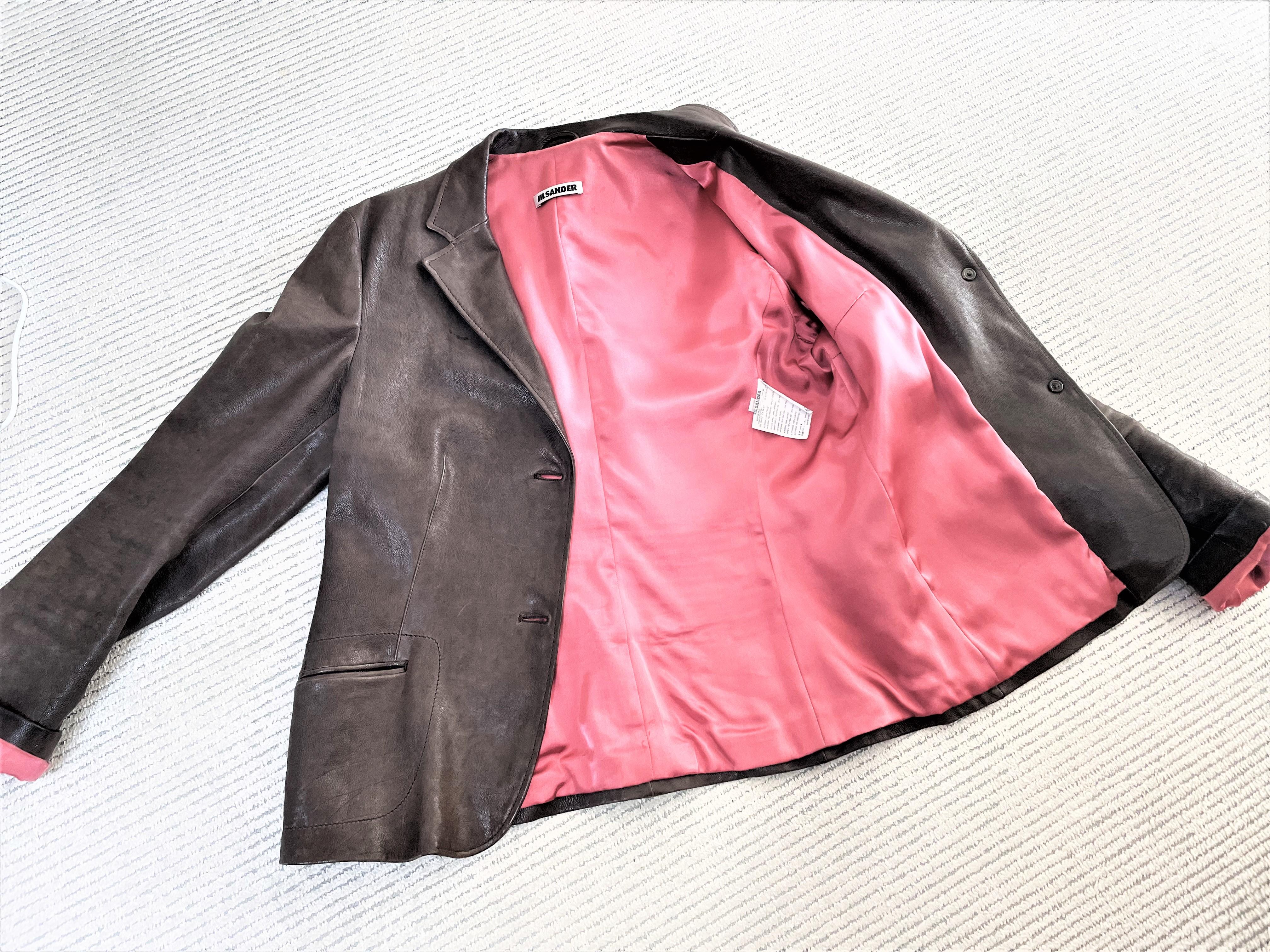  Smooth Leather Blazer by Jil Sander brown, pink lining size 44 For Sale 3