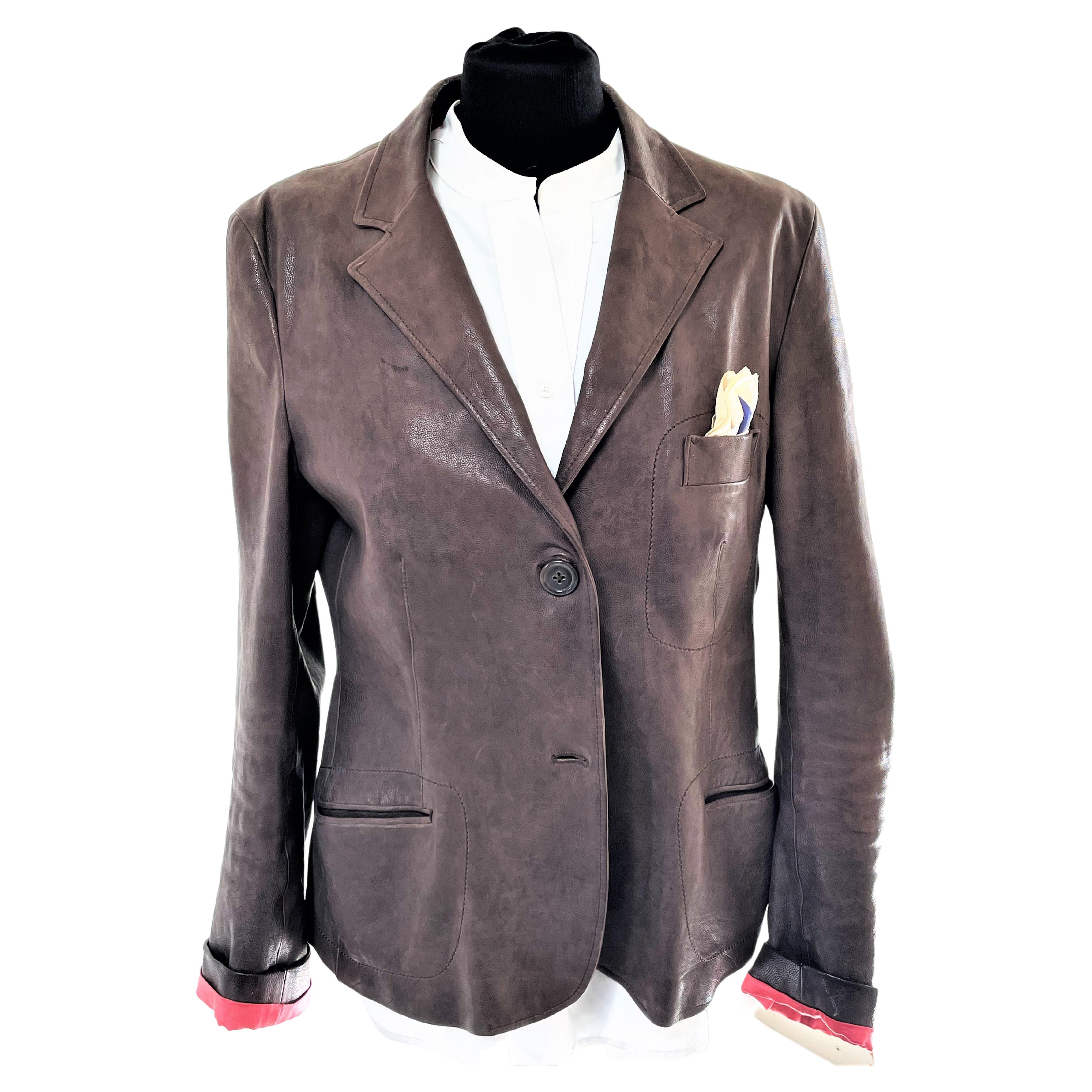  Smooth Leather Blazer by Jil Sander brown, pink lining size 44 For Sale
