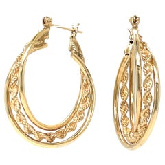 Boucles d'oreilles à trois anneaux en or jaune 14 carats Smooth & Rope Twist