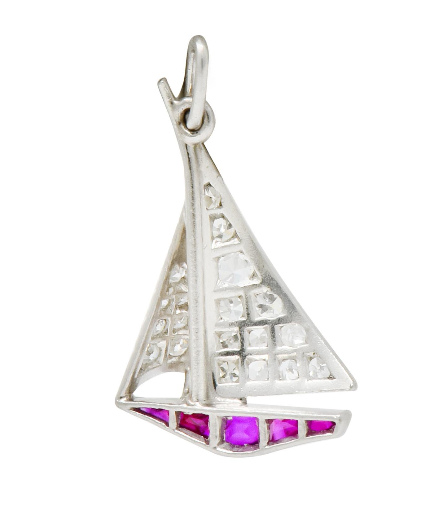 Smooth Sailing Art Deco Diamond Ruby Platinum Sailboat Charm In Excellent Condition In Philadelphia, PA
