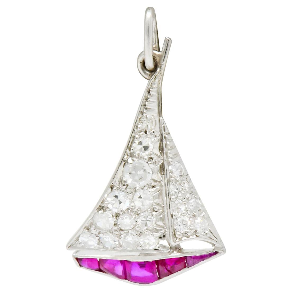 Smooth Sailing Art Deco Diamond Ruby Platinum Sailboat Charm