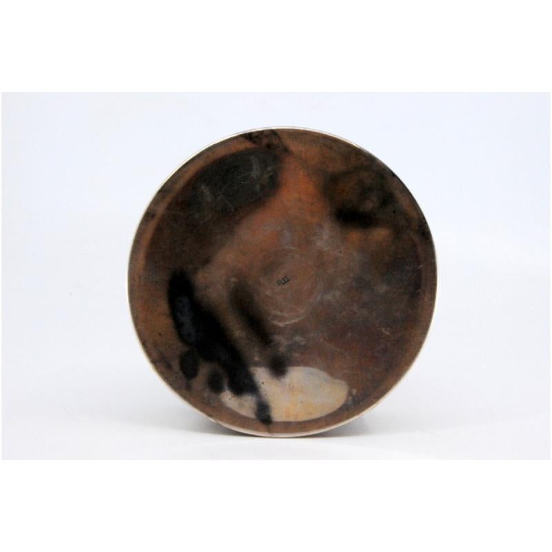 Smooth silver box w/ a circular shape & pearly edges, w/ a lady & boy on the lid For Sale 1