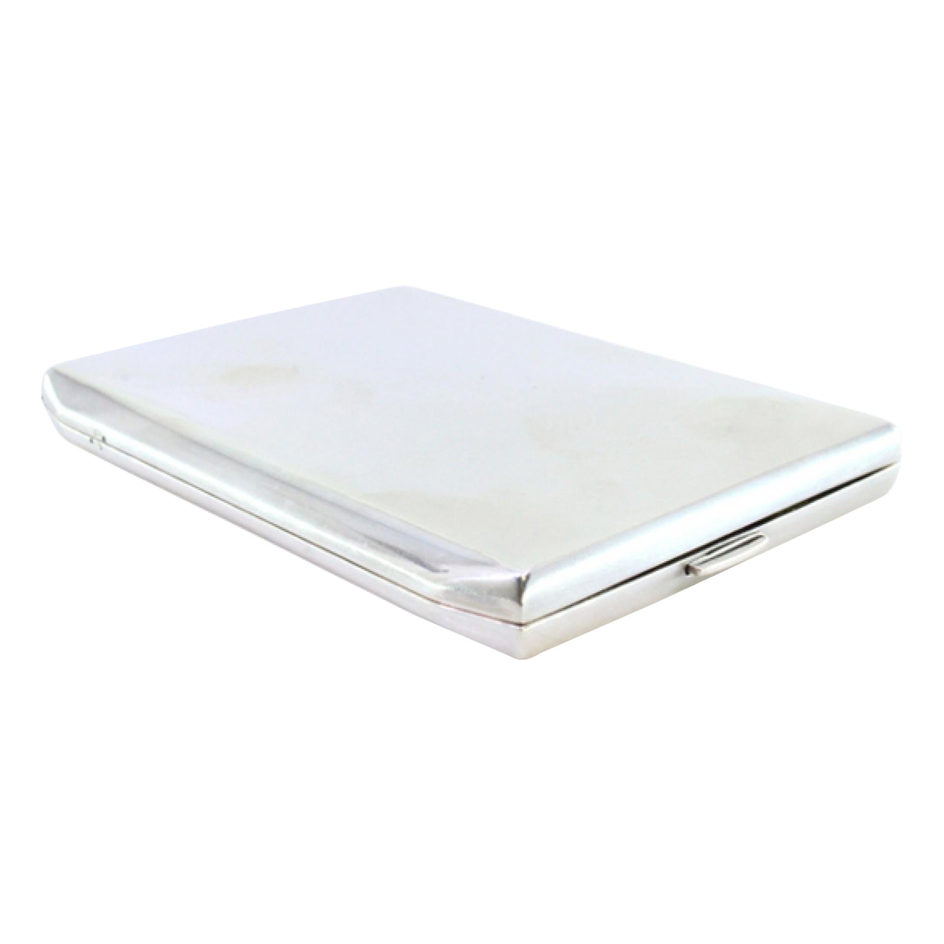 Smooth silver case with beveled corners, interior ribbons, hinged lid