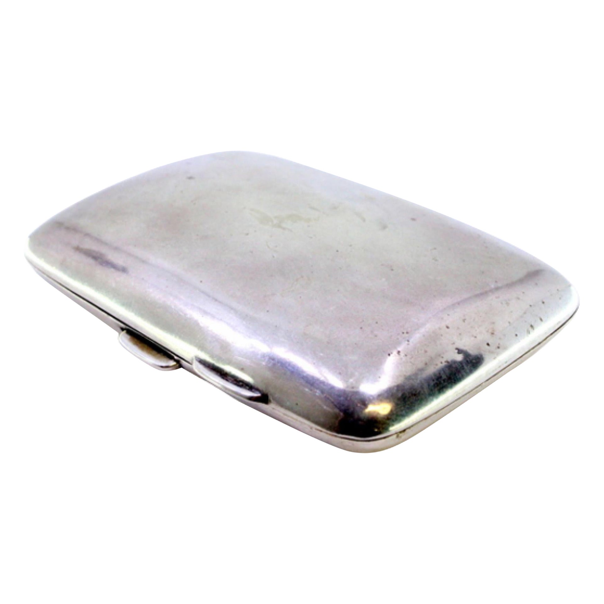 Smooth silver case with curved shape, pull tab, and two interior straps