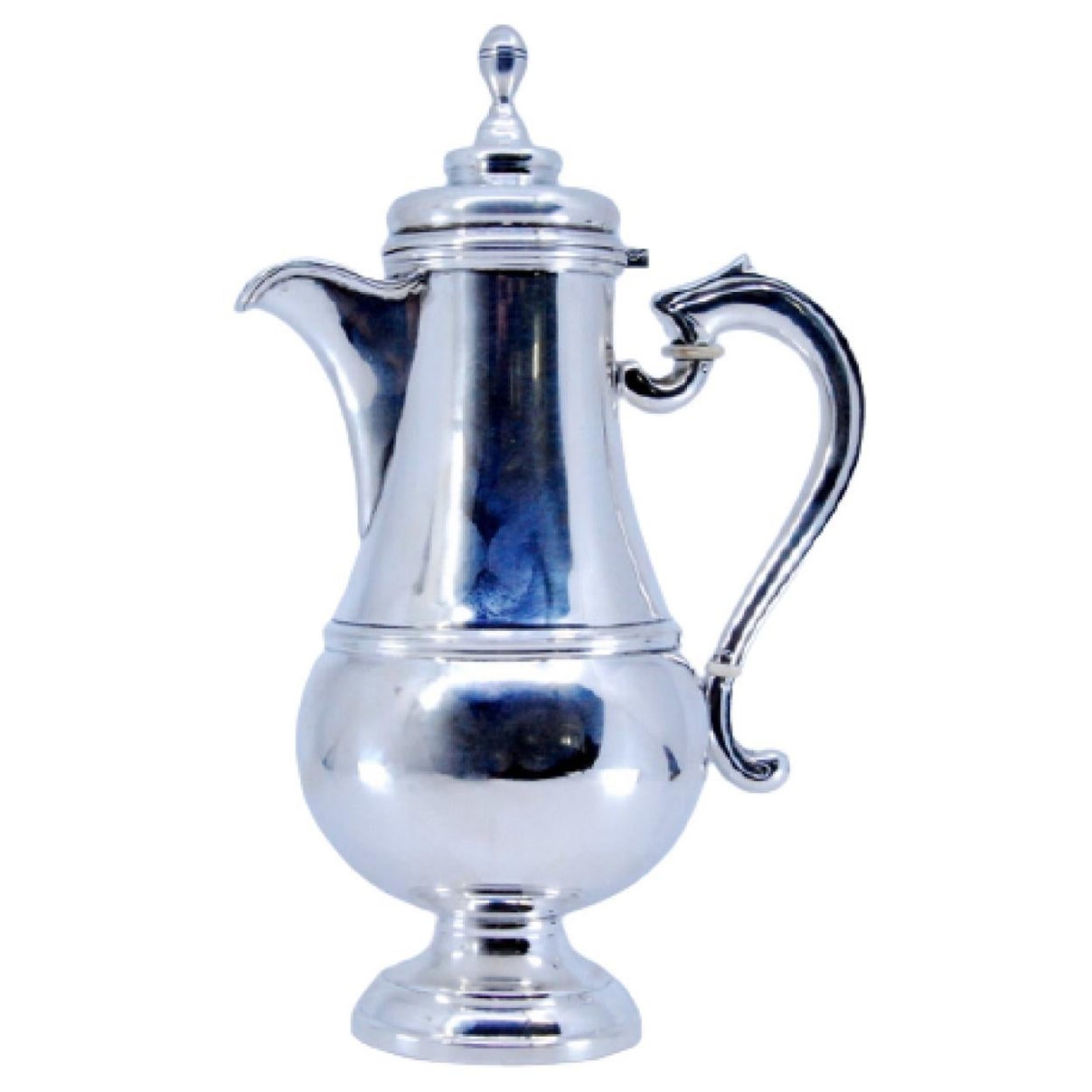 Smooth silver coffee maker with raised handle and knob lid