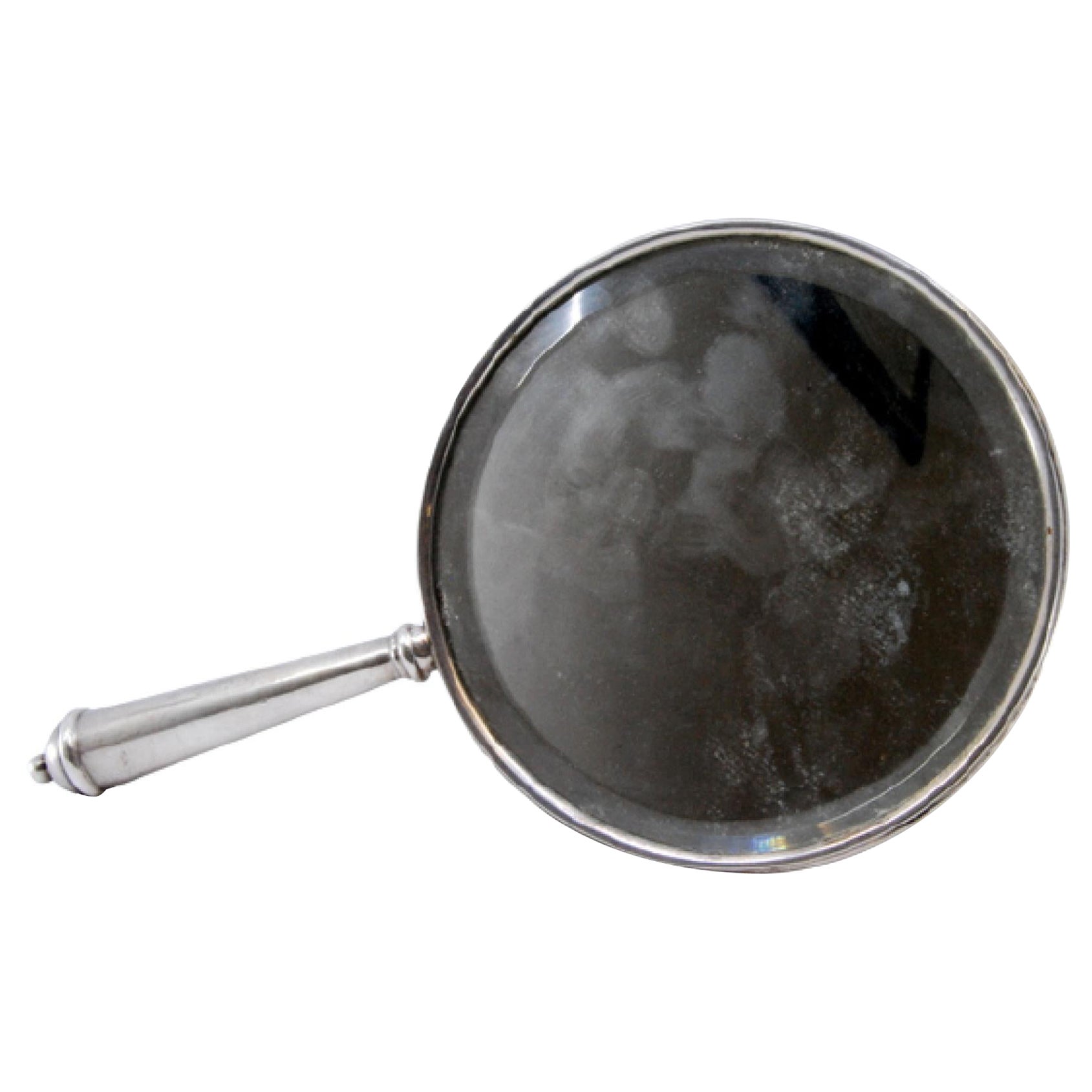 Smooth silver hand mirror with grooves on the handle and frame en vente
