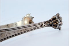 Smooth silver ice tongs with grooves and reliefs on the claw-shaped tongs