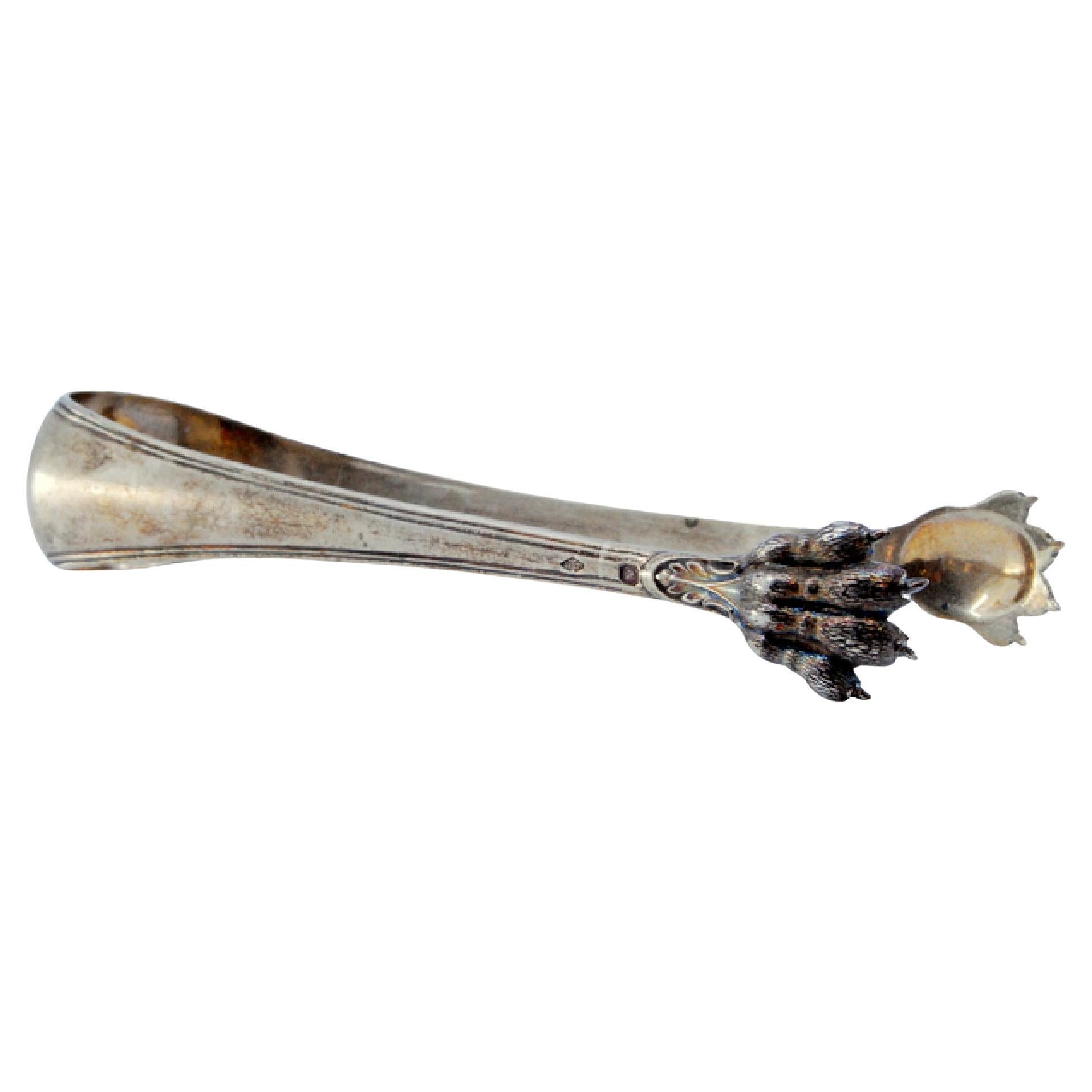 Smooth silver ice tongs with grooves and reliefs on the claw-shaped tongs