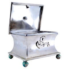 Smooth silver jewelry box with chest trim and lion figure on hinged lid