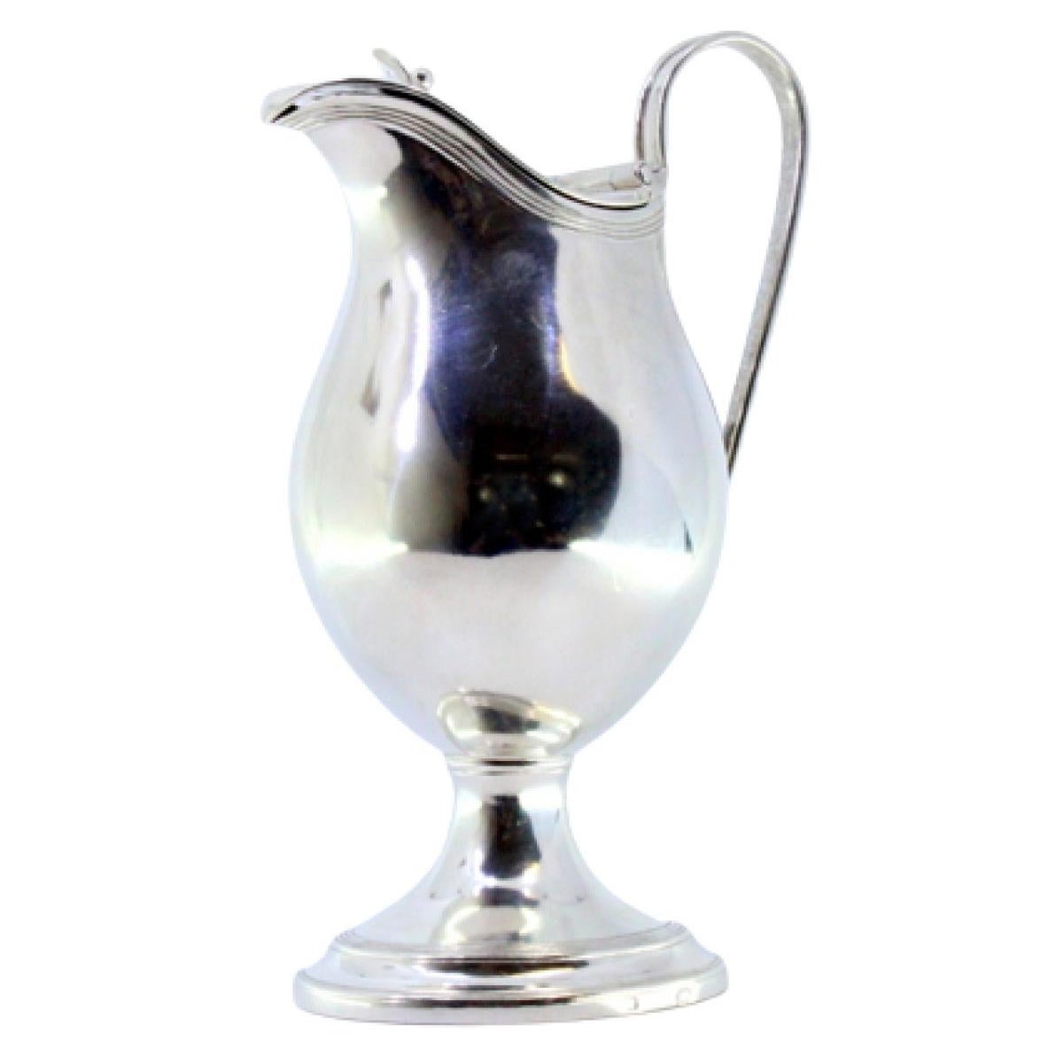 Smooth silver milk jug with knob on the hinged lid and base with friezes