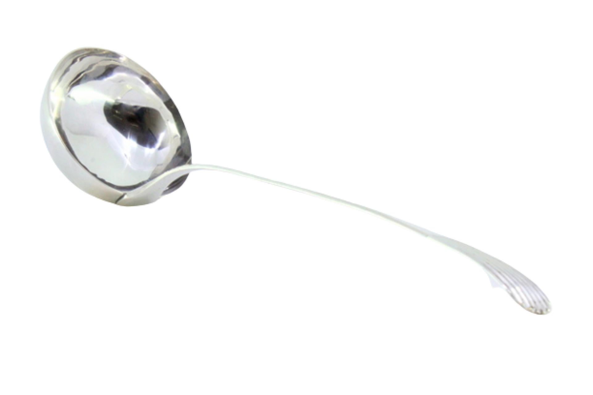 Smooth silver soup ladle with embossed handle