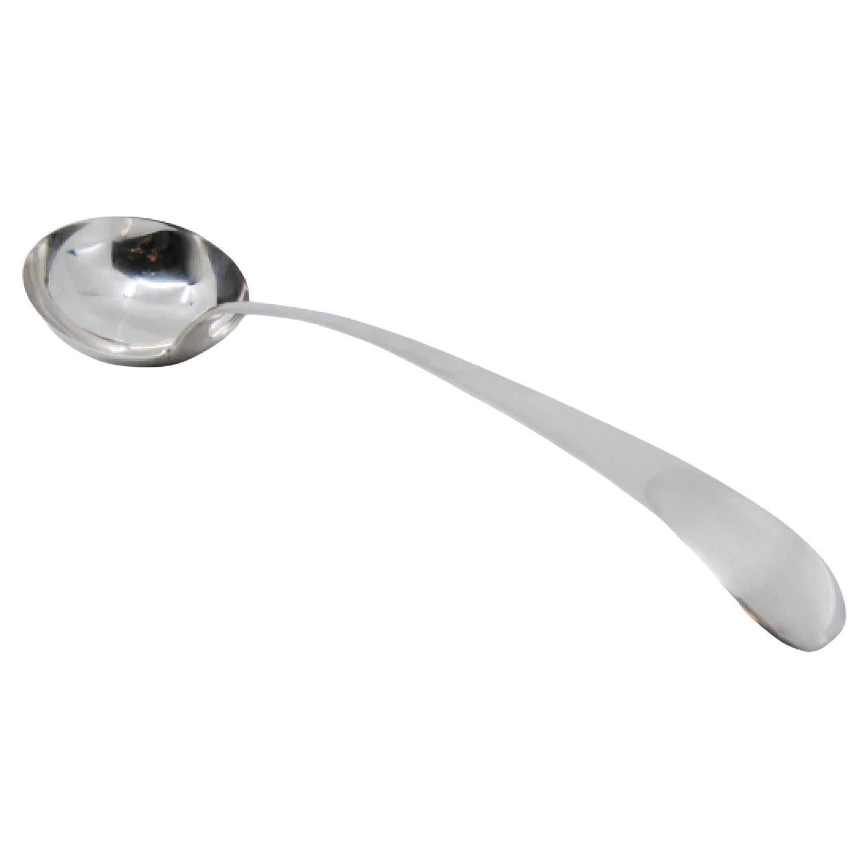 Smooth silver soup ladle with expedited handle